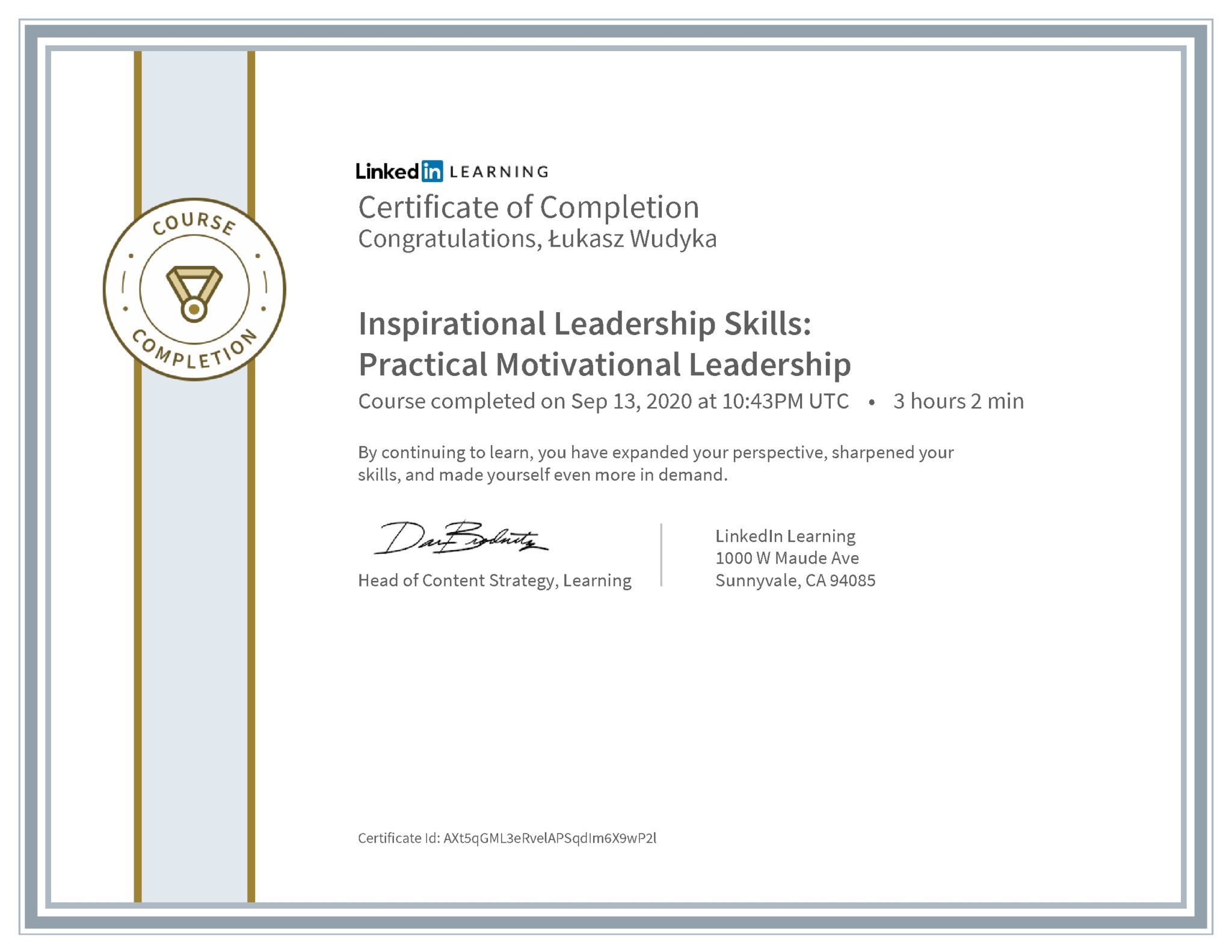 Łukasz Wudyka certyfikat LinkedIn Inspirational Leadership Skills: Practical Motivational Leadership