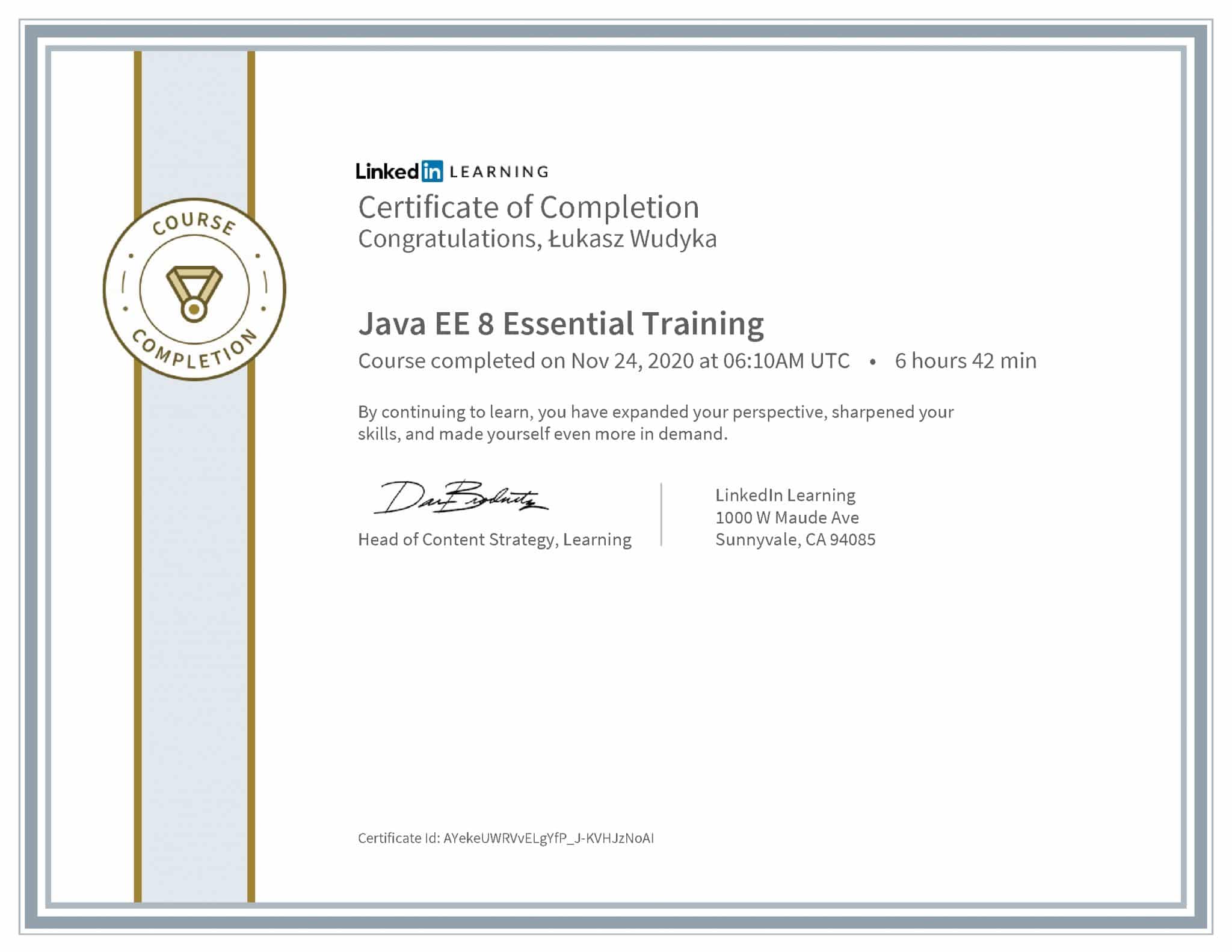 Łukasz Wudyka certyfikat LinkedIn Java EE 8 Essential Training