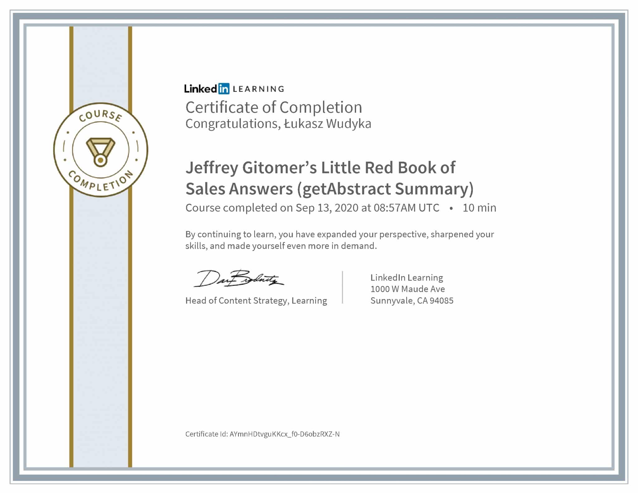Łukasz Wudyka certyfikat LinkedIn Jeffrey Gitomer's Little Red Book of Sales Answers (getAbstract Summary)