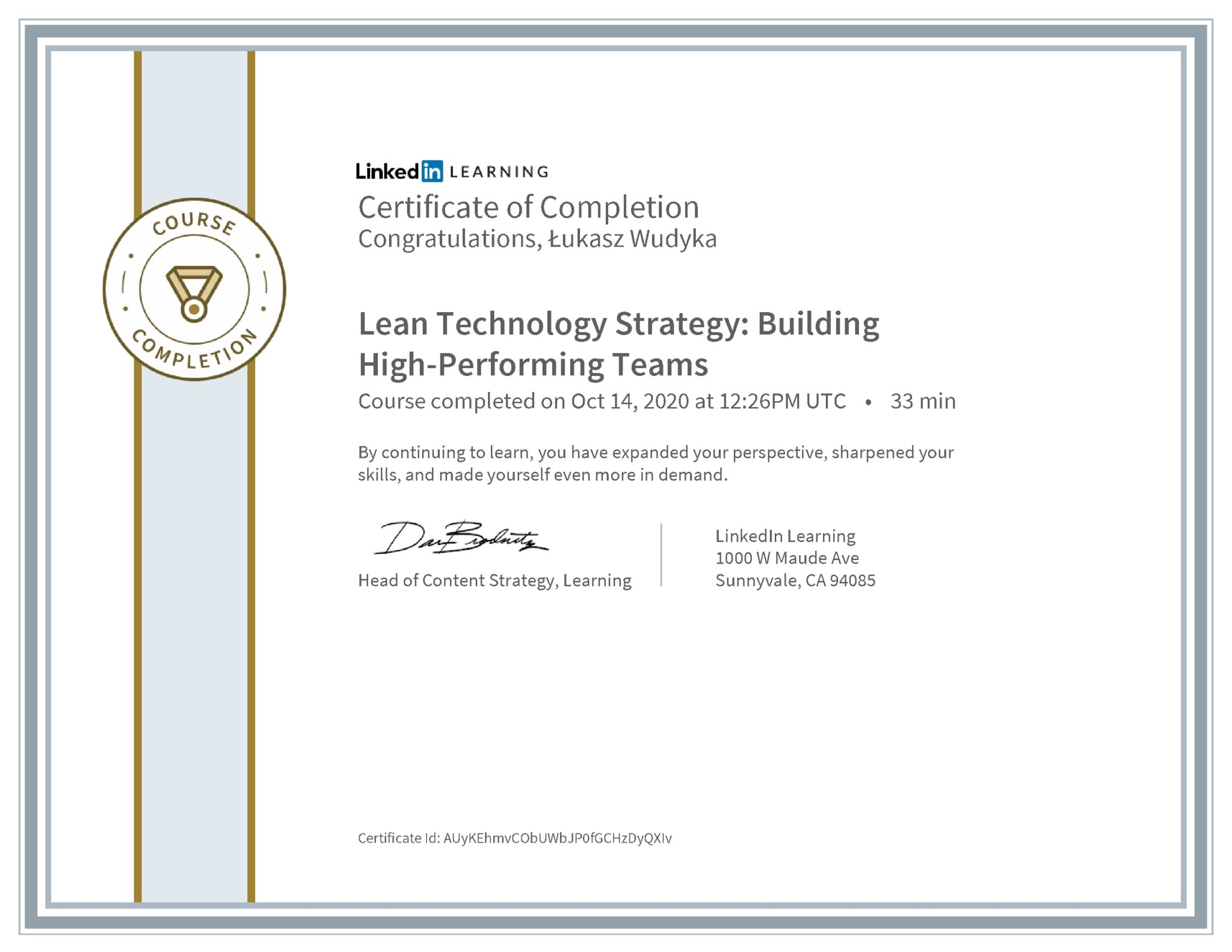 Łukasz Wudyka certyfikat LinkedIn Lean Technology Strategy: Building High-Performing Teams