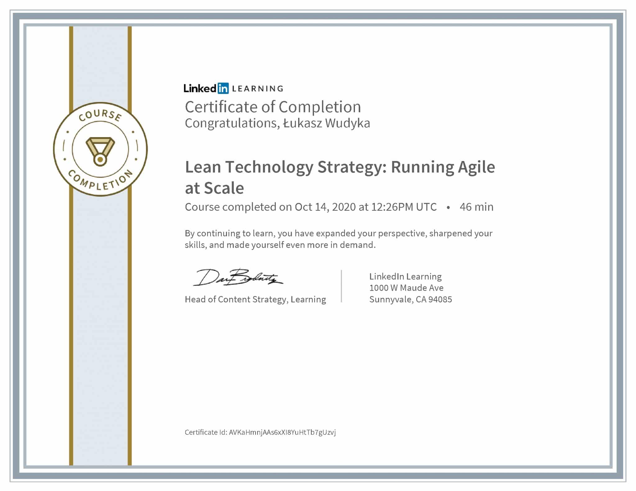 Łukasz Wudyka certyfikat LinkedIn Lean Technology Strategy: Running Agile at Scale