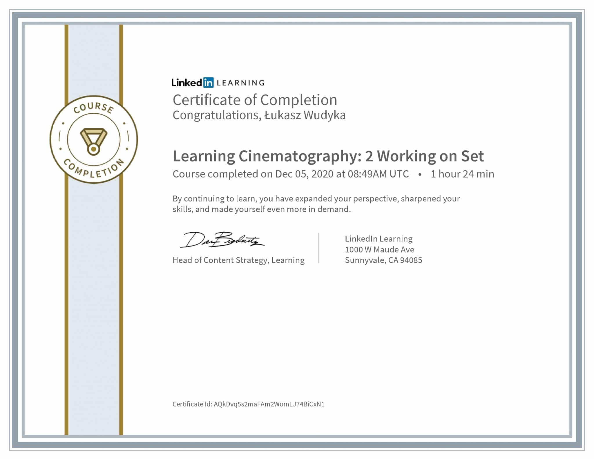 Łukasz Wudyka certyfikat LinkedIn Learning Cinematography: 2 Working on Set