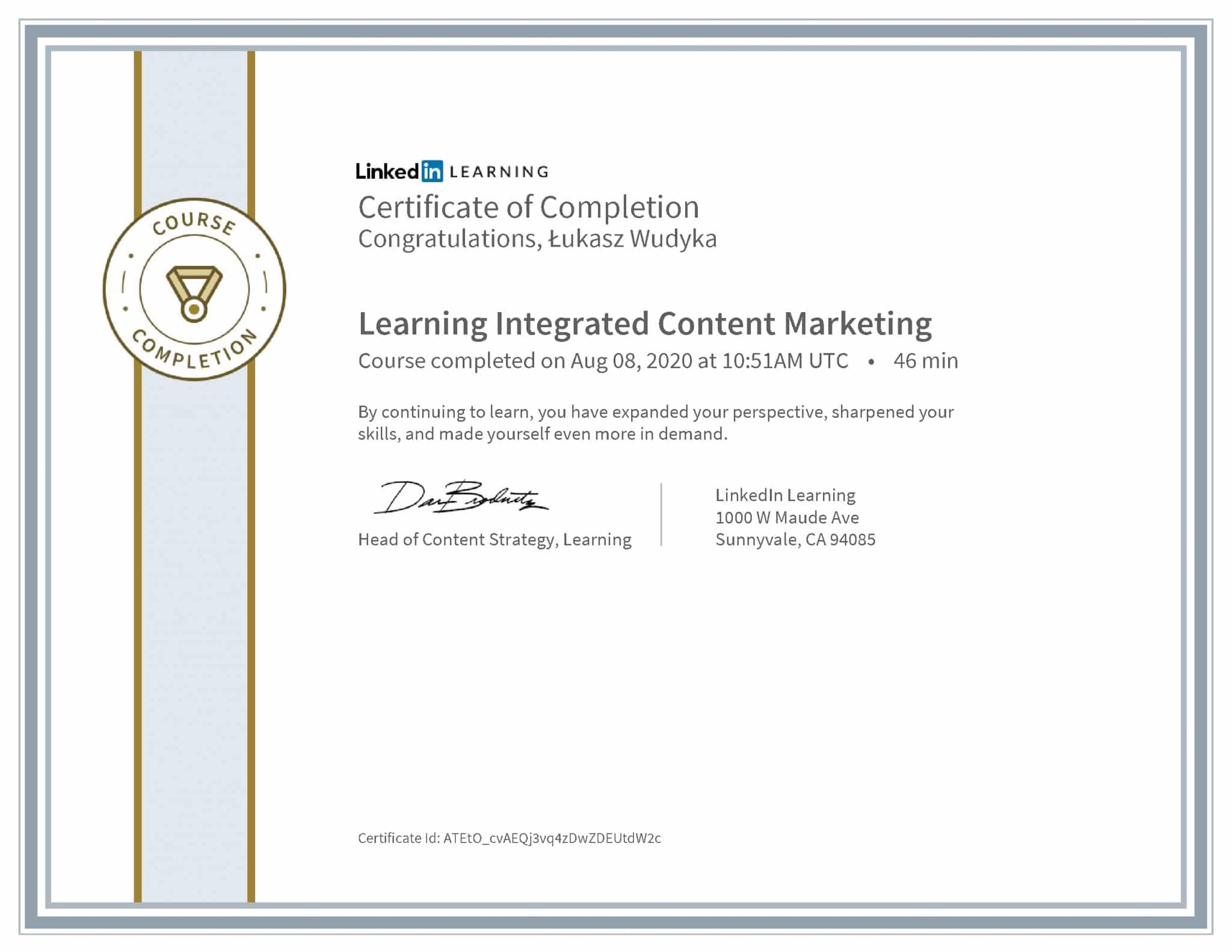 Łukasz Wudyka certyfikat LinkedIn Learning Integrated Content Marketing