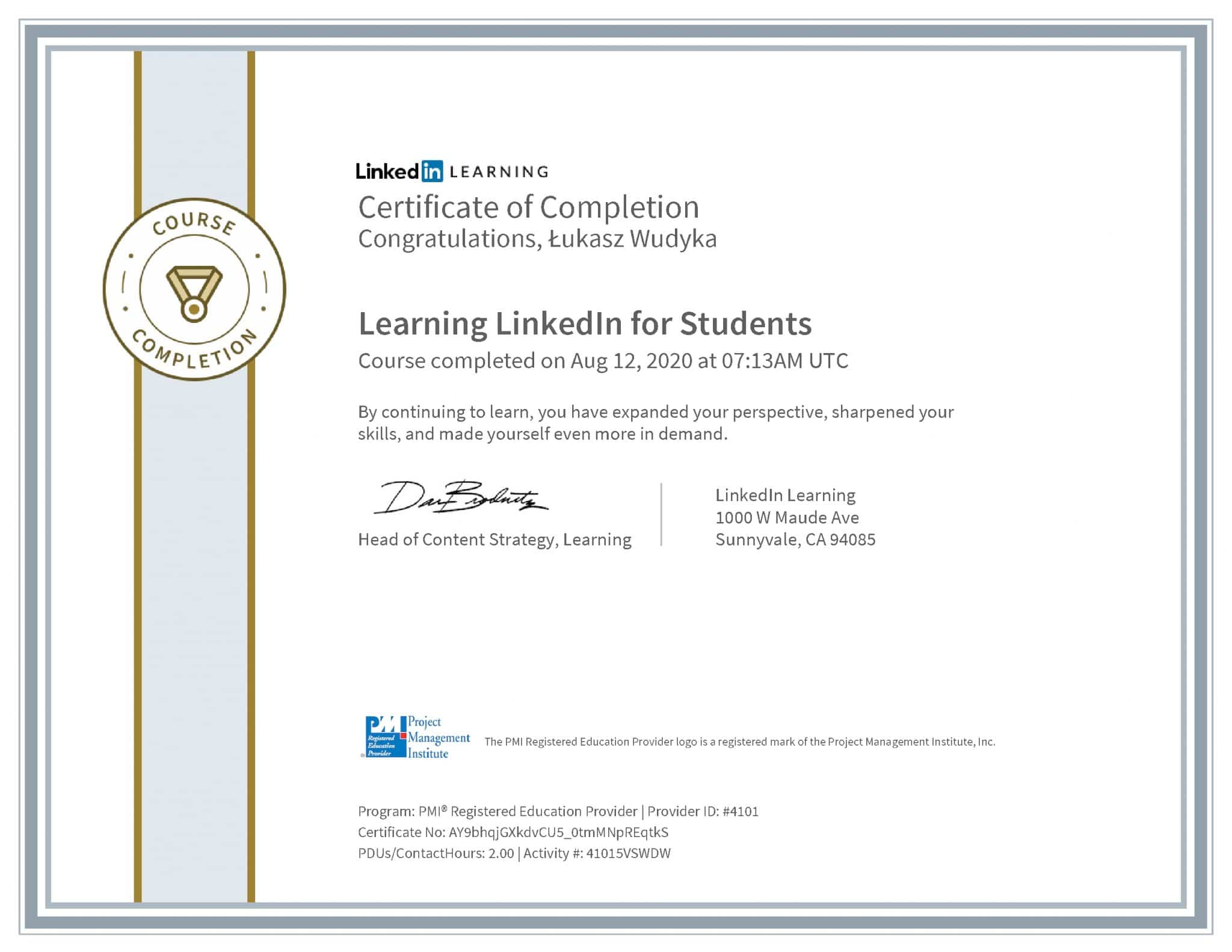 Łukasz Wudyka certyfikat LinkedIn Learning LinkedIn for Students PMI