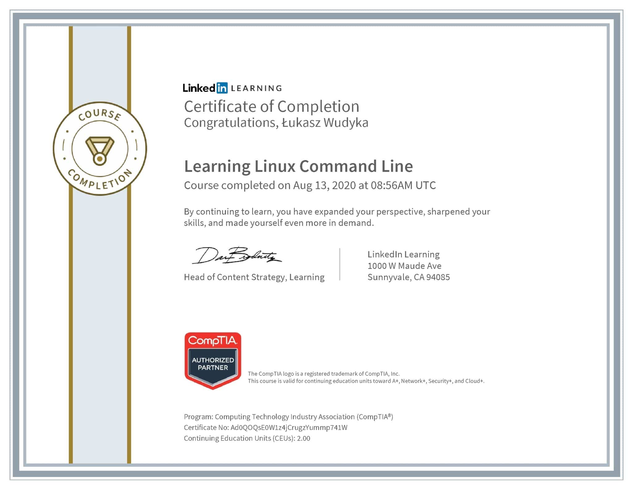 Łukasz Wudyka certyfikat LinkedIn Learning Linux Command Line CompTIA