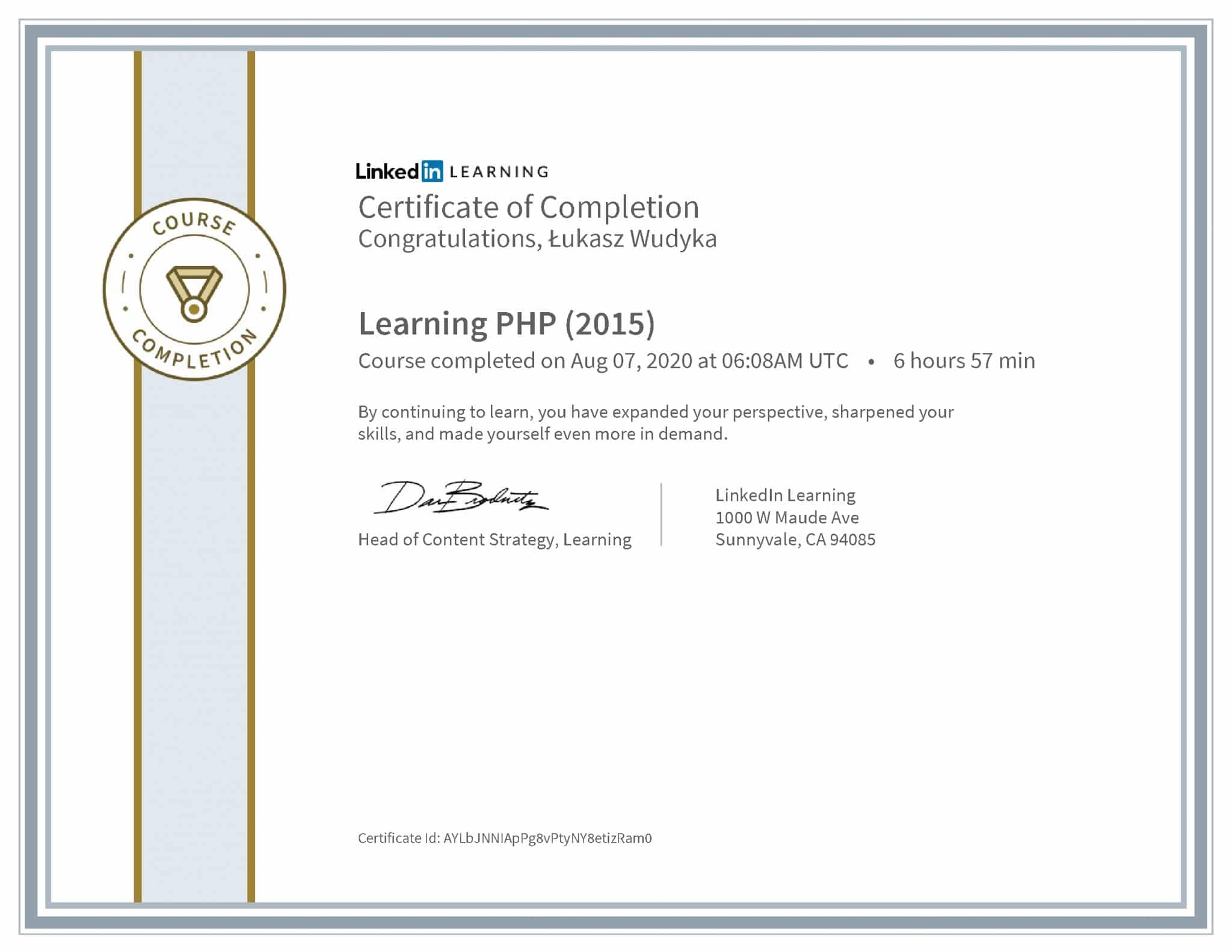 Łukasz Wudyka certyfikat LinkedIn Learning PHP (2015)