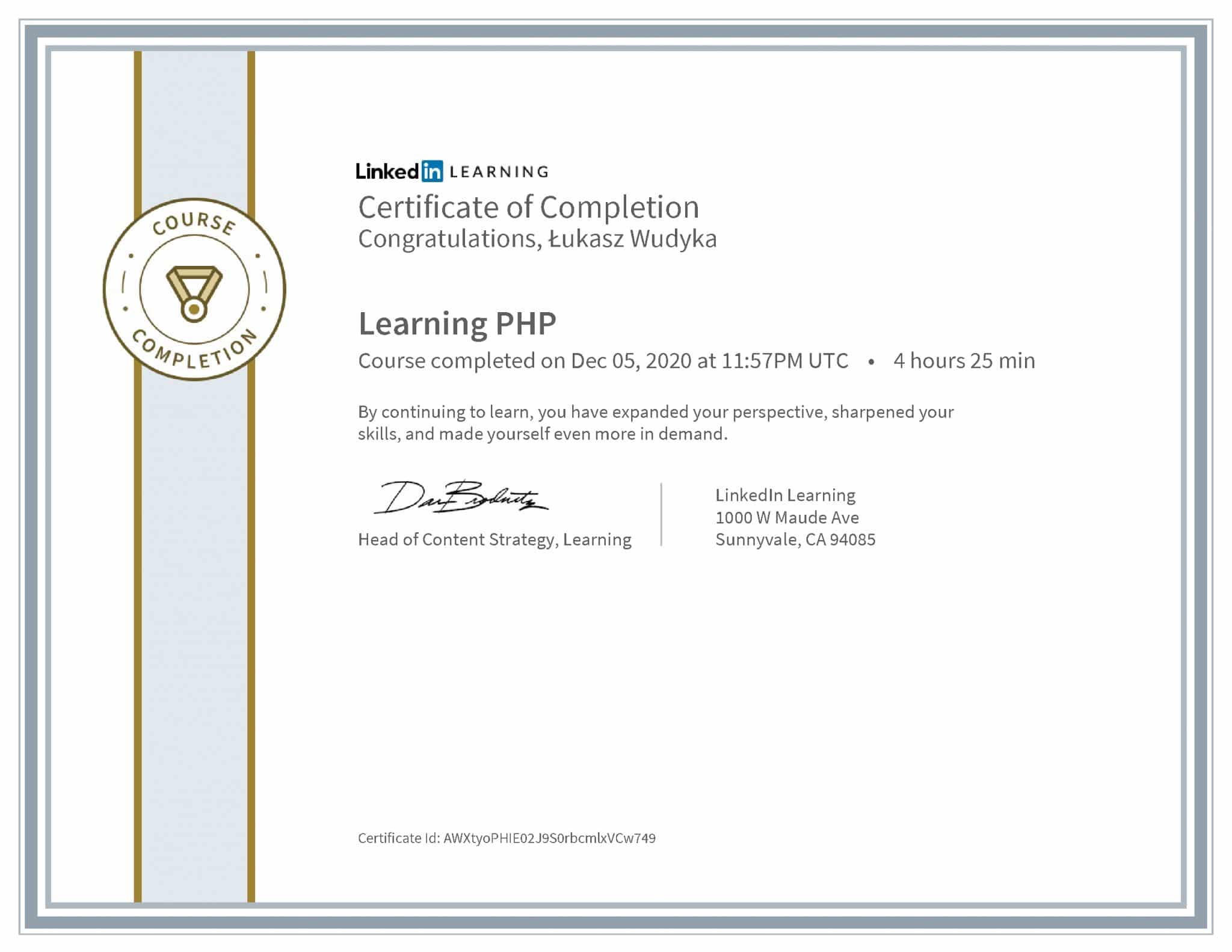 Łukasz Wudyka certyfikat LinkedIn Learning PHP