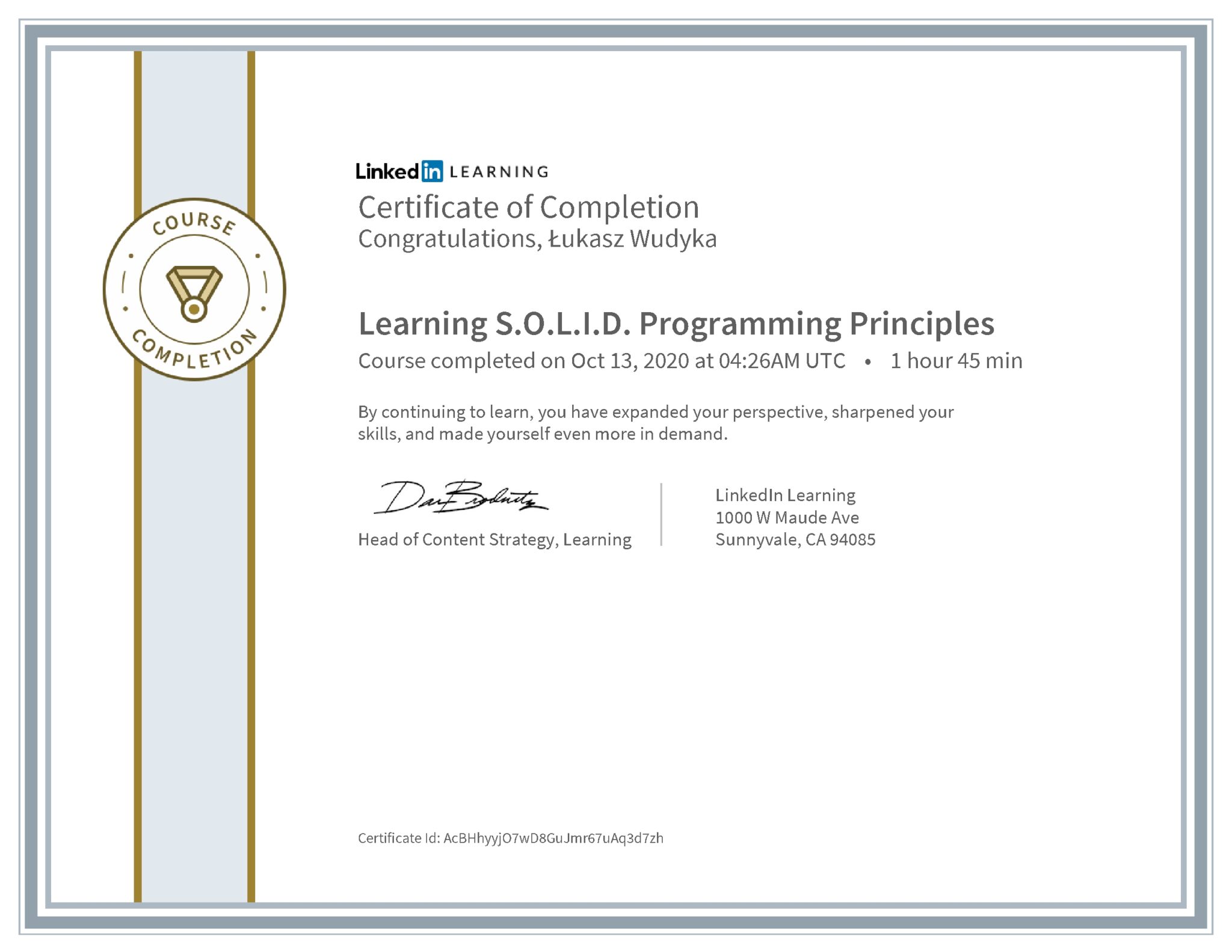 Łukasz Wudyka certyfikat LinkedIn Learning S.O.L.I.D. Programming Principles