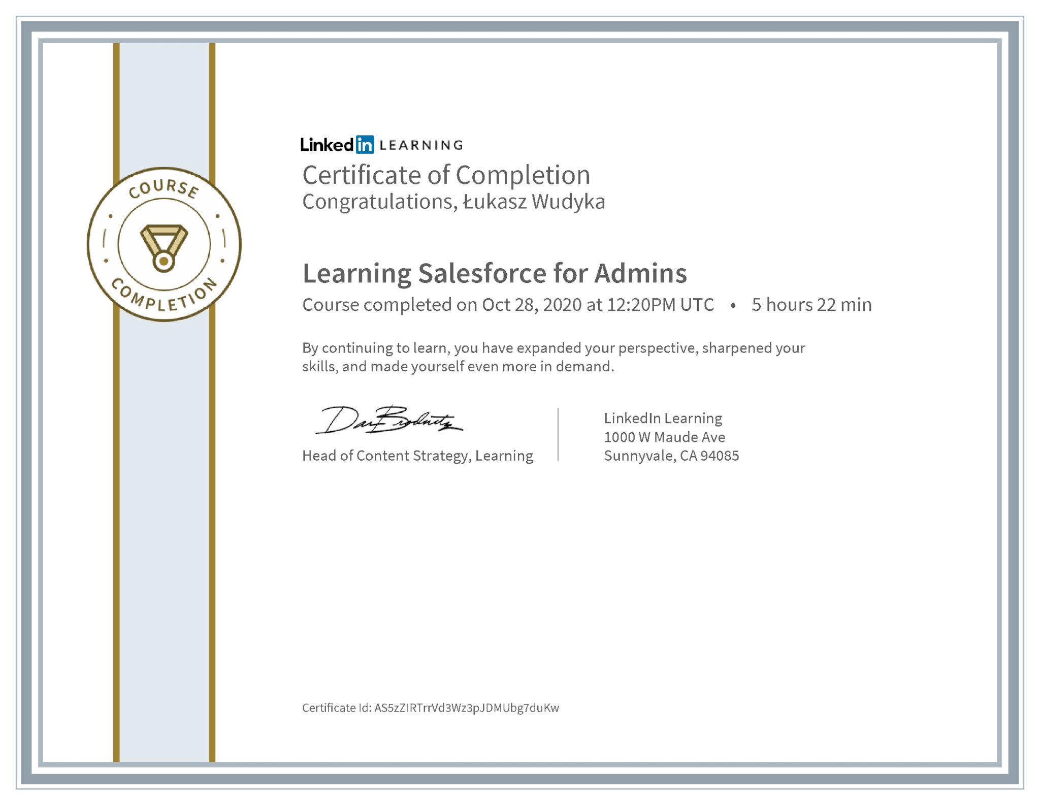Łukasz Wudyka certyfikat LinkedIn Learning Salesforce for Admins
