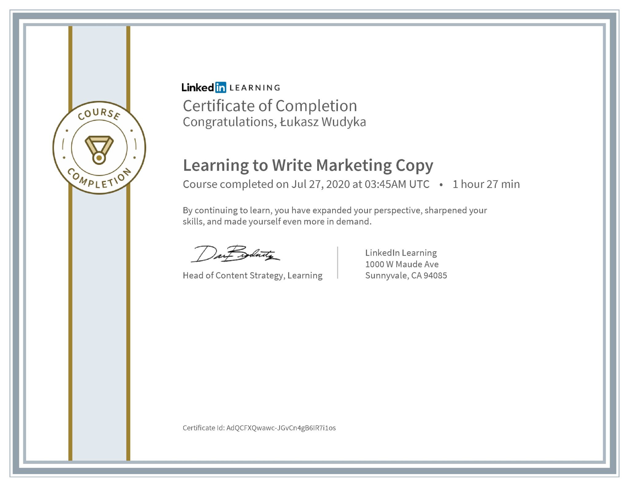 Łukasz Wudyka certyfikat LinkedIn Learning to Write Marketing Copy