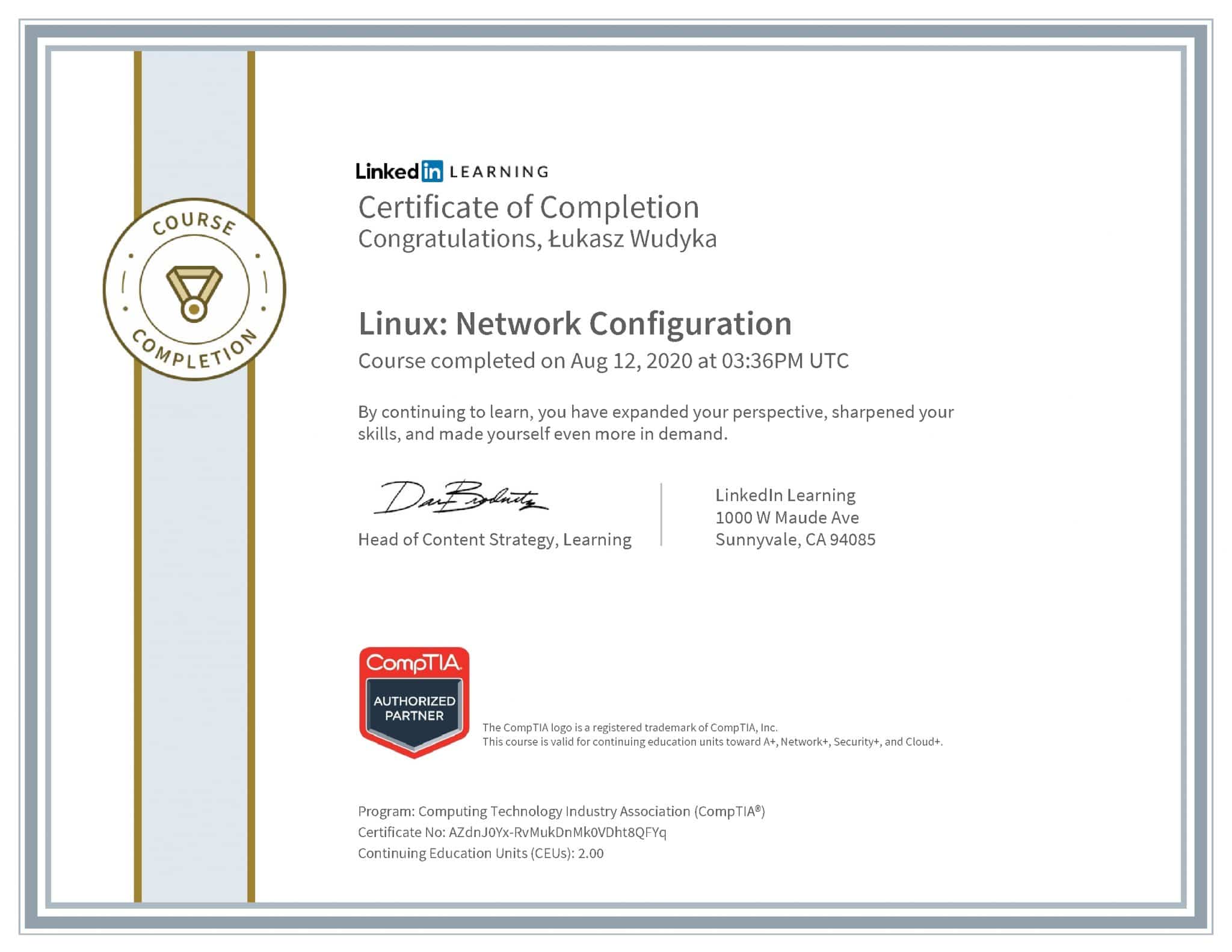 Łukasz Wudyka certyfikat LinkedIn Linux: Network Configuration CompTIA