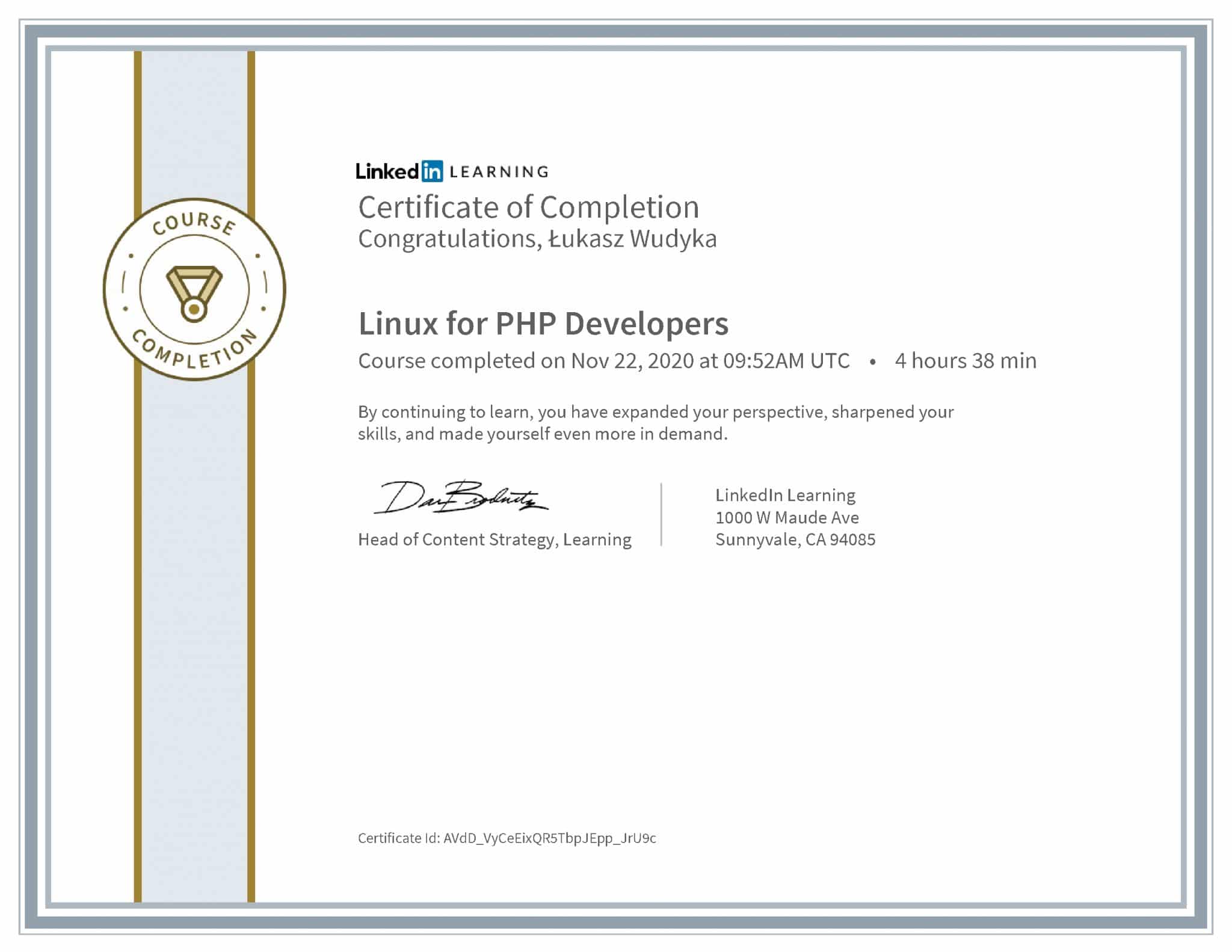 Łukasz Wudyka certyfikat LinkedIn Linux for PHP Developers