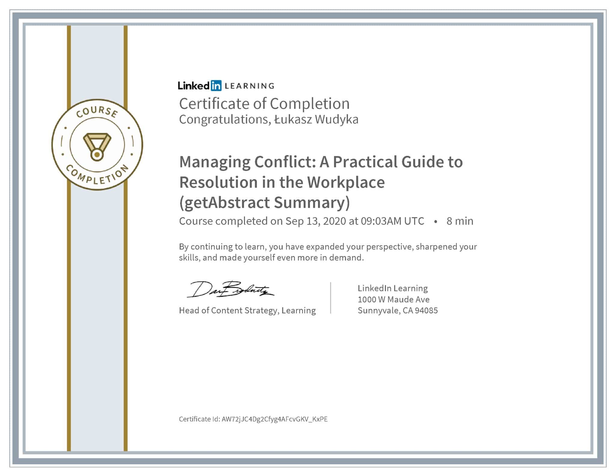 Łukasz Wudyka certyfikat LinkedIn Managing Conflict: A Practical Guide to Resolution in the Workplace (getAbstract Summary)