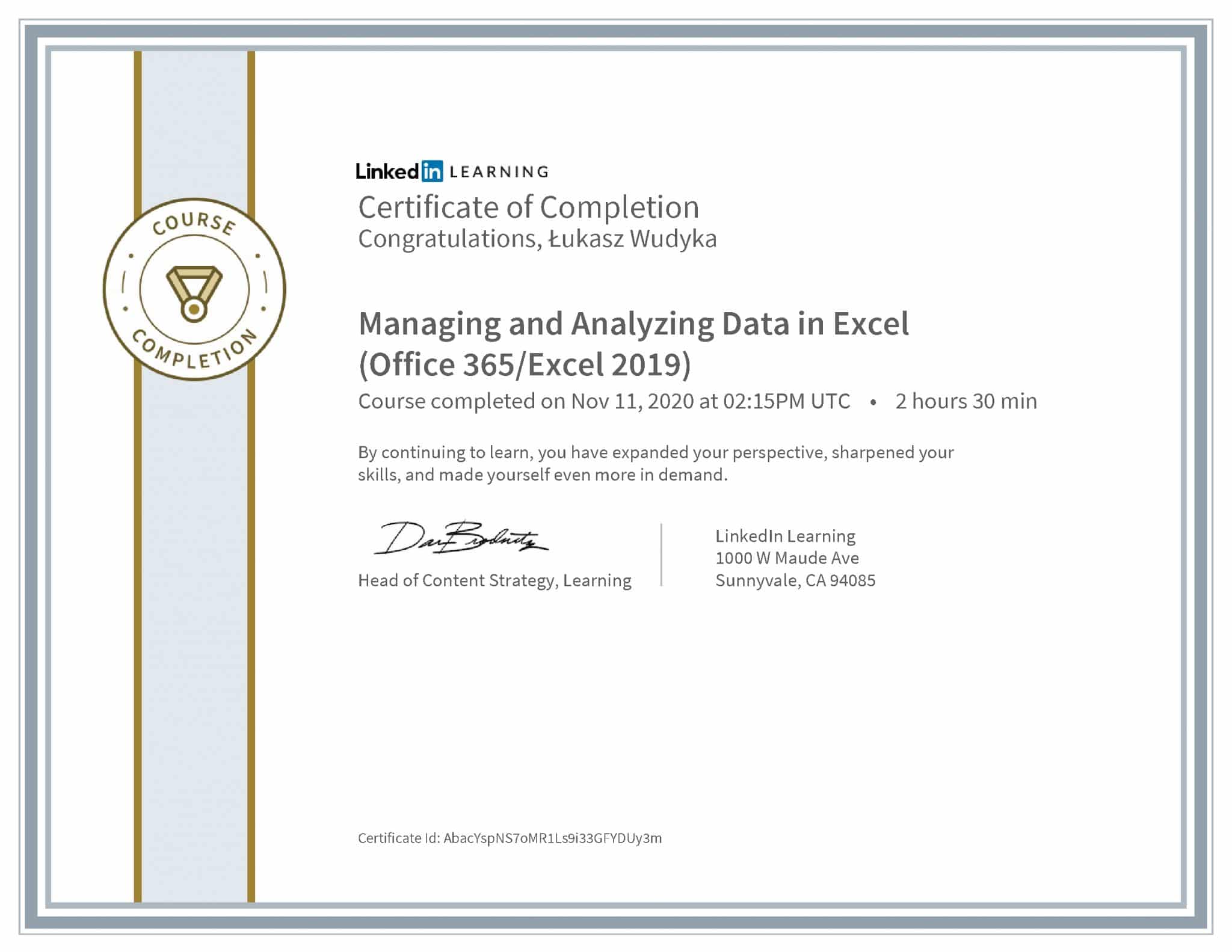 Łukasz Wudyka certyfikat LinkedIn Managing and Analyzing Data in Excel (Office 365/Excel 2019)