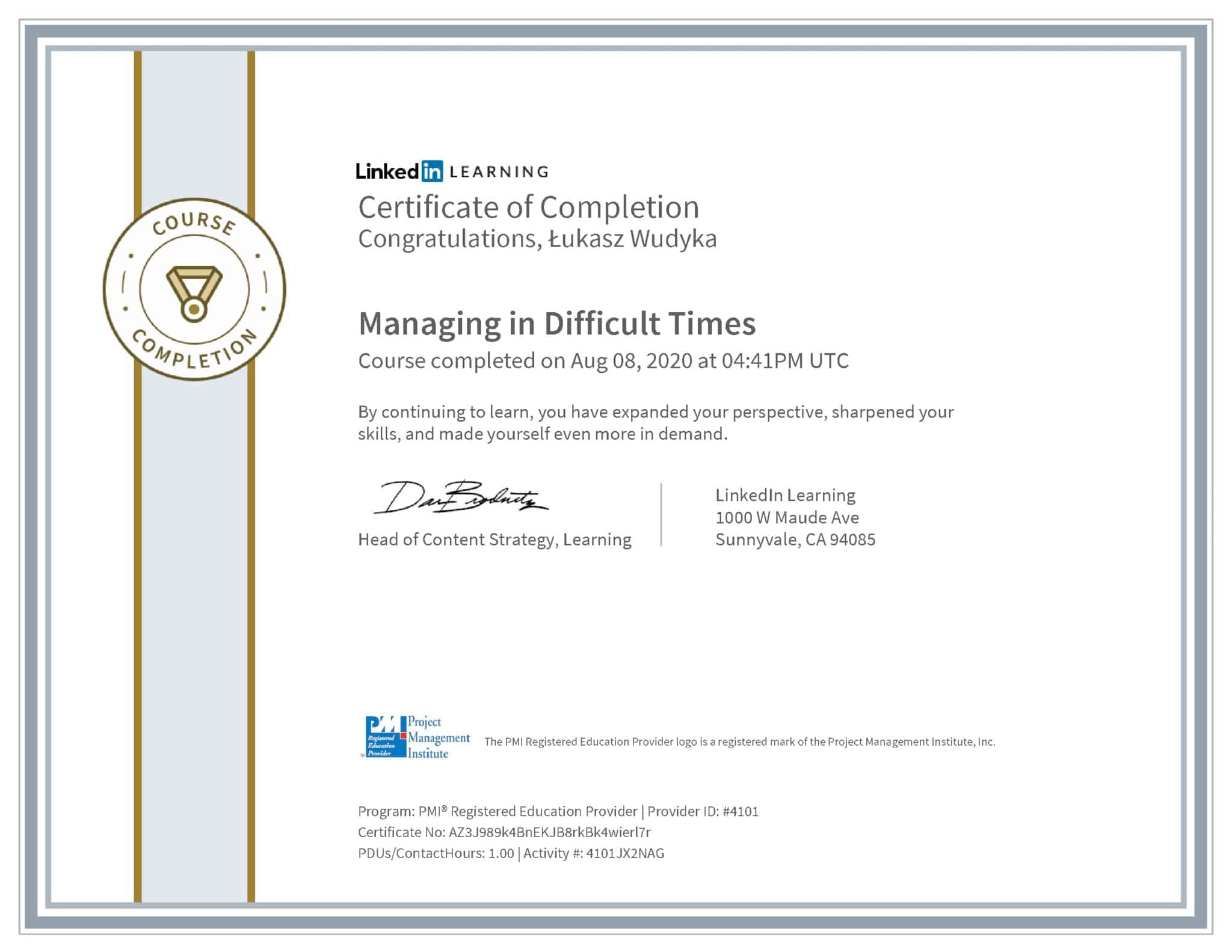 Łukasz Wudyka certyfikat LinkedIn Managing in Difficult Times PMI