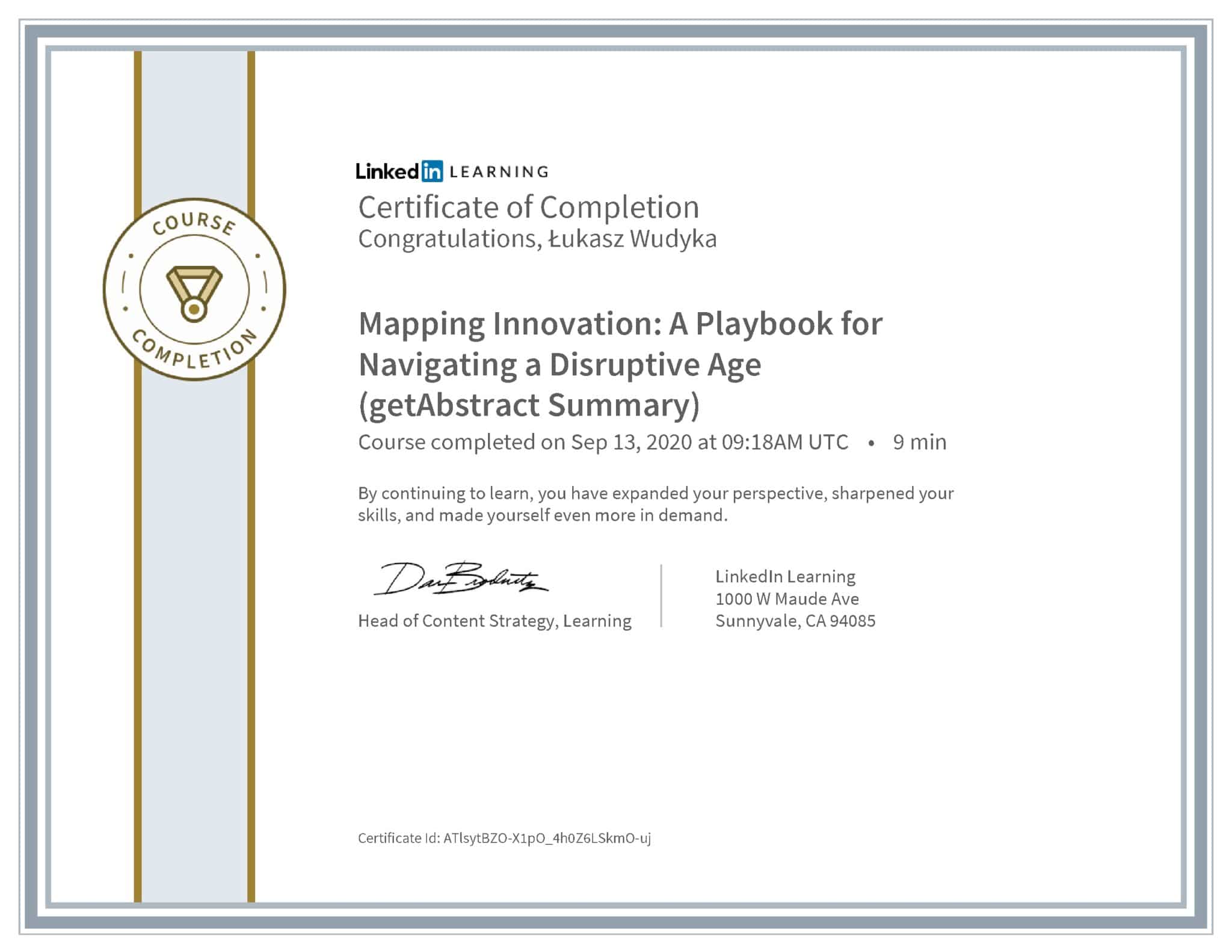 Łukasz Wudyka certyfikat LinkedIn Mapping Innovation: A Playbook for Navigating a Disruptive Age (getAbstract Summary)