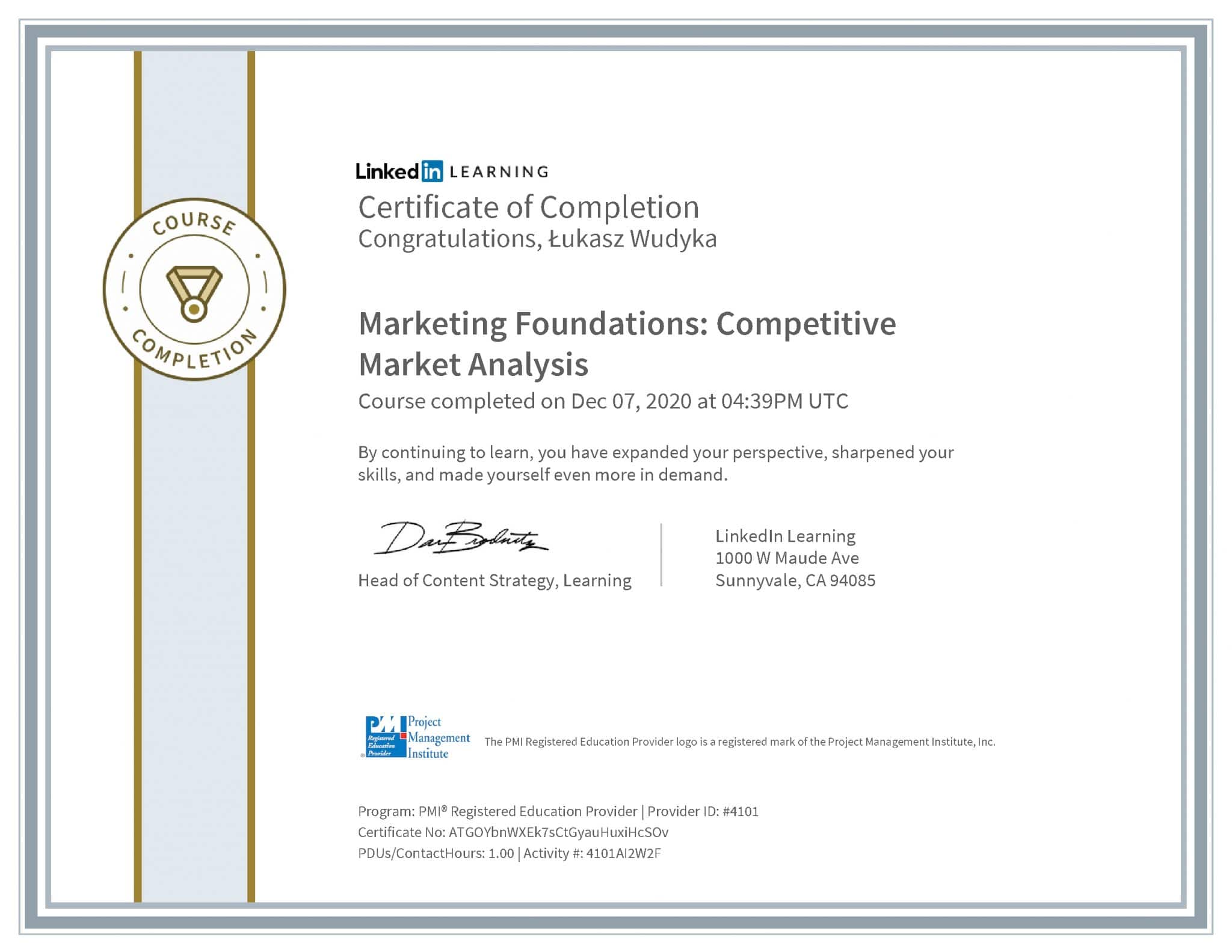 Łukasz Wudyka certyfikat LinkedIn Marketing Foundations: Competitive Market Analysis PMI