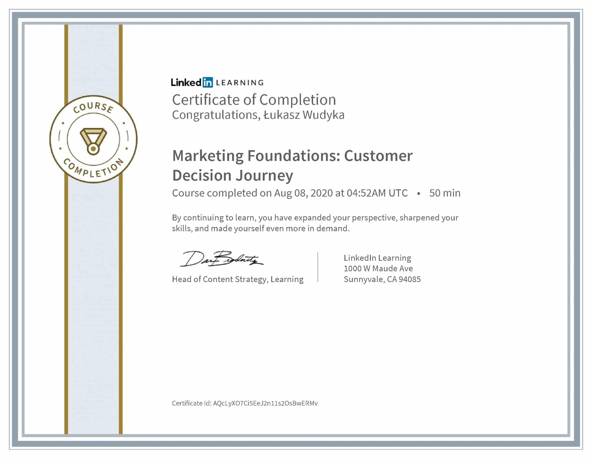 Łukasz Wudyka certyfikat LinkedIn Marketing Foundations: Customer Decision Journey