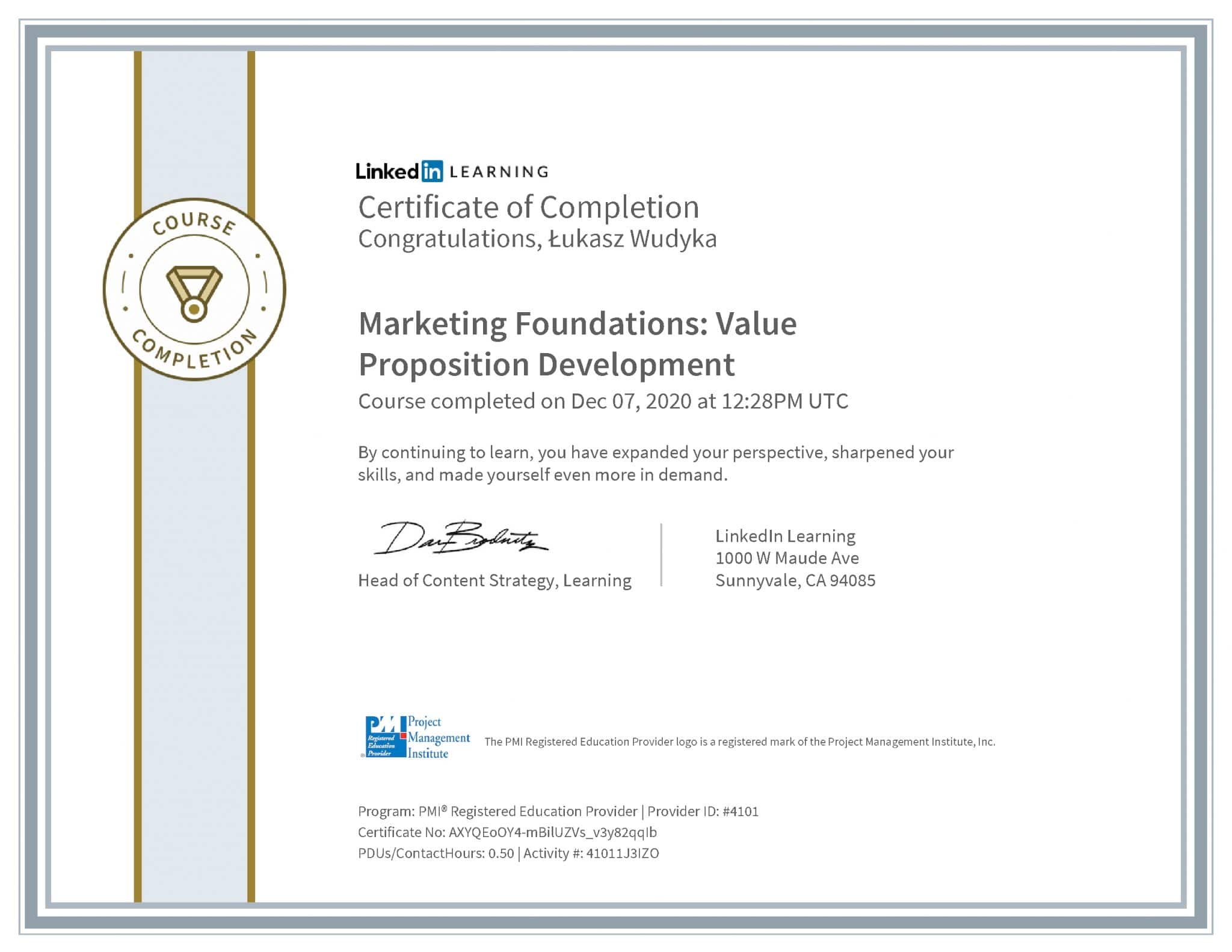 Łukasz Wudyka certyfikat LinkedIn Marketing Foundations: Value Proposition Development PMI