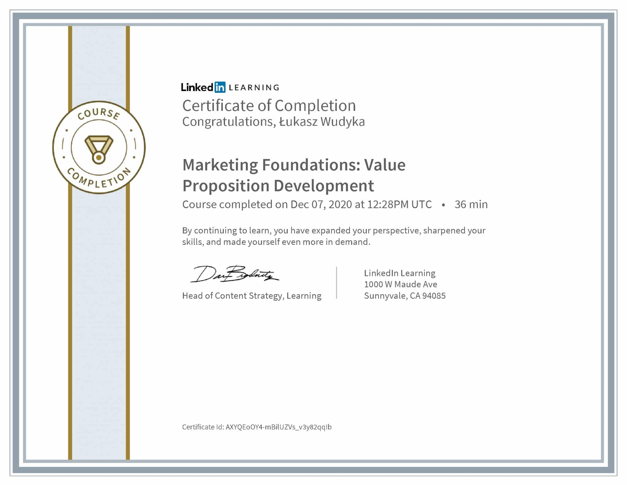 Łukasz Wudyka certyfikat LinkedIn Marketing Foundations: Value Proposition Development