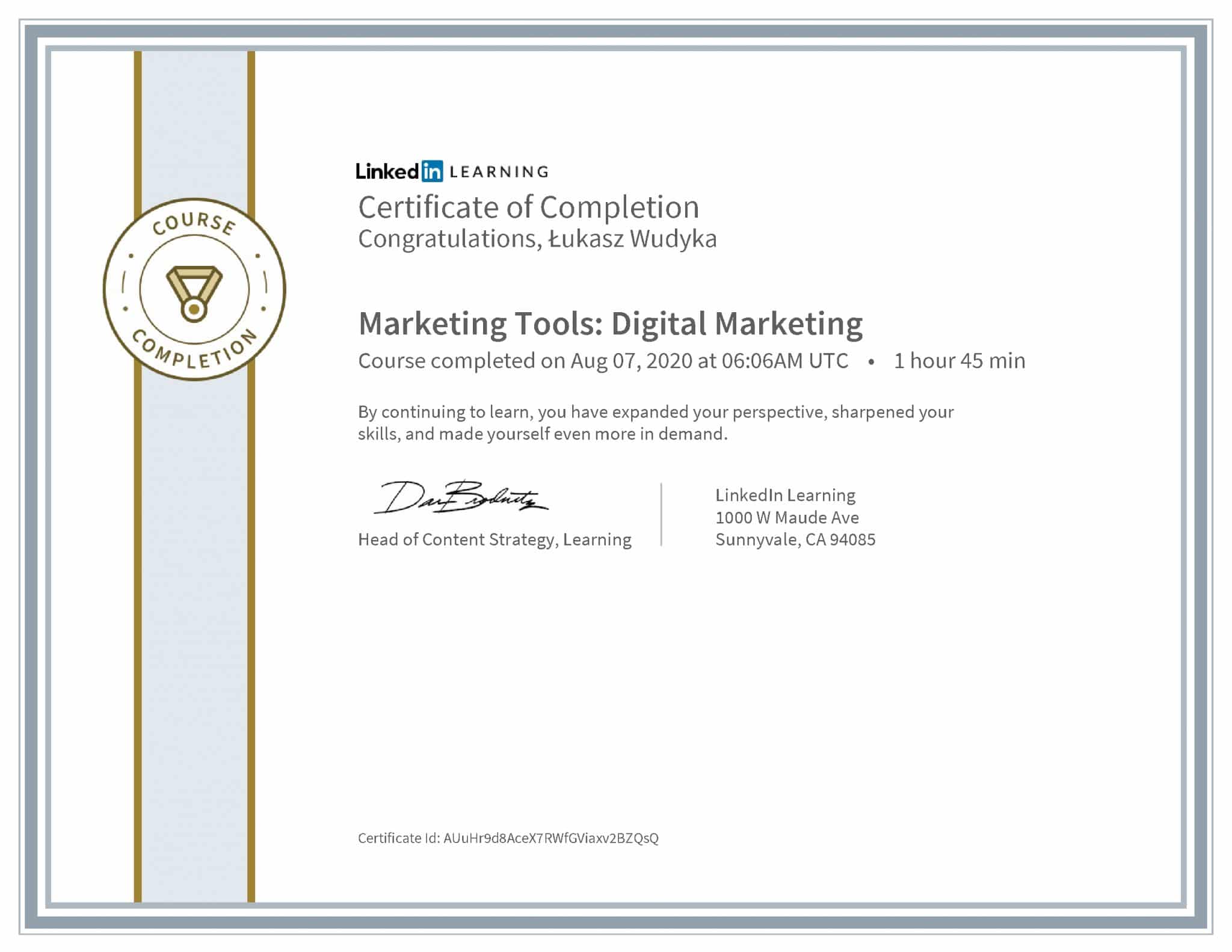 Łukasz Wudyka certyfikat LinkedIn Marketing Tools: Digital Marketing