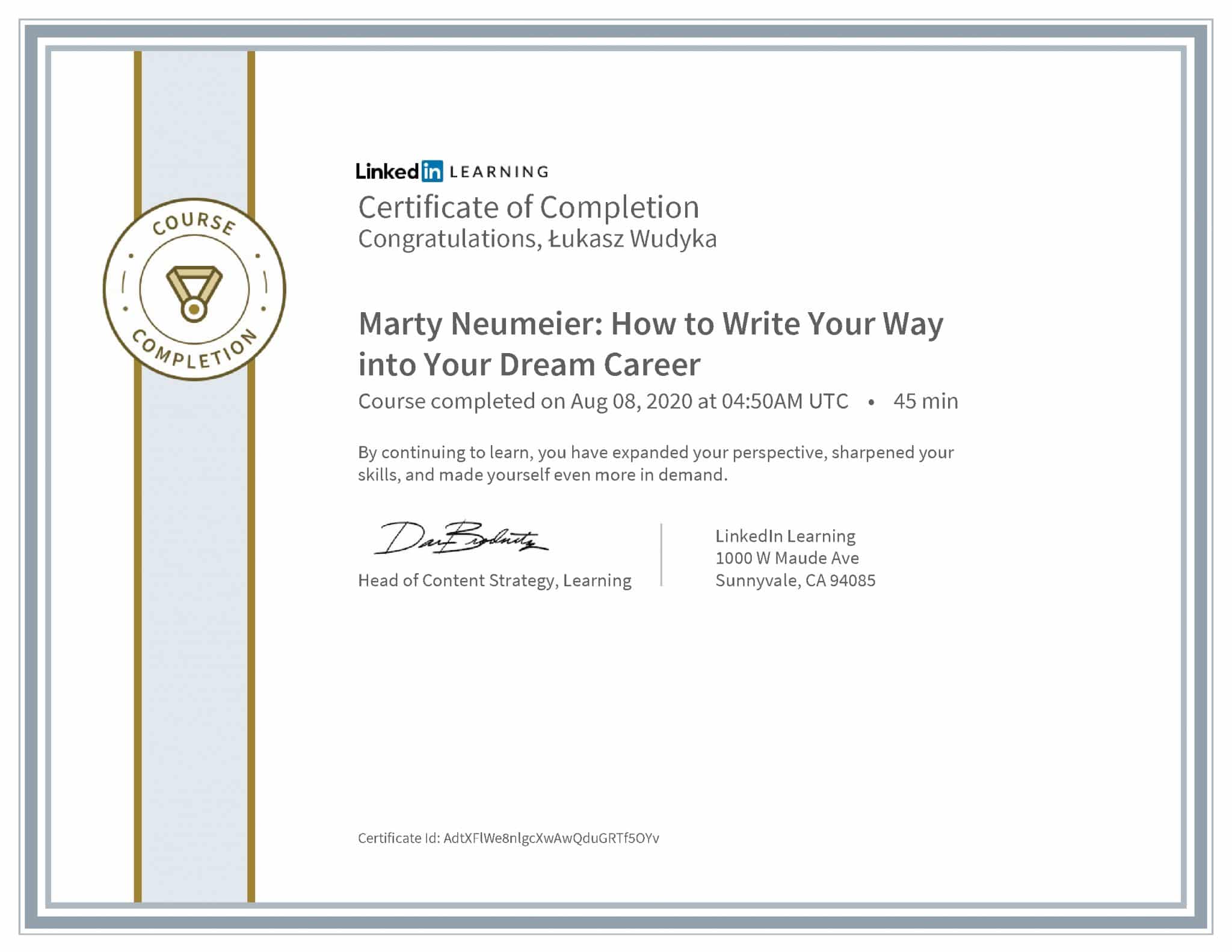 Łukasz Wudyka certyfikat LinkedIn Marty Neumeier: How to Write Your Way into Your Dream Career