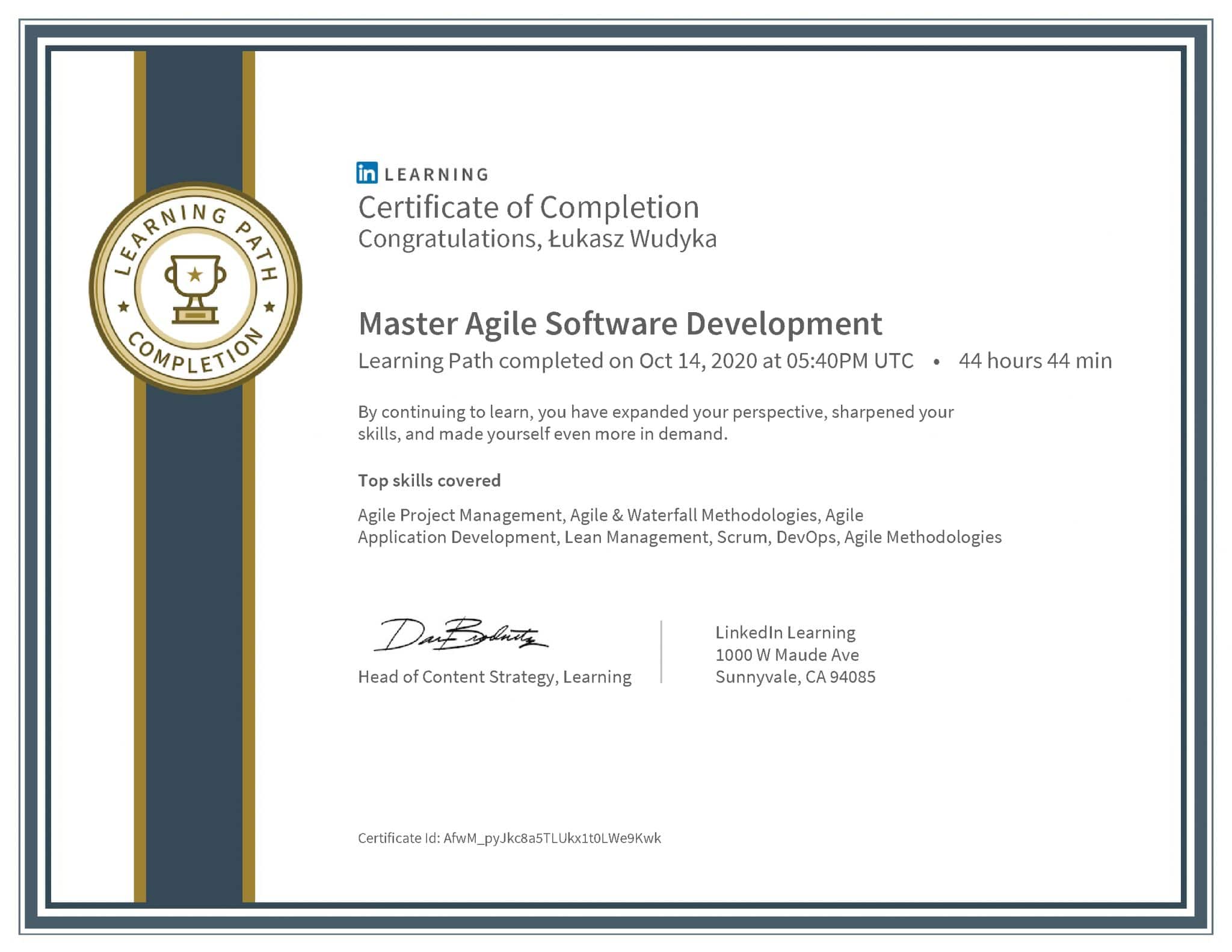 Łukasz Wudyka certyfikat LinkedIn Master Agile Software Development