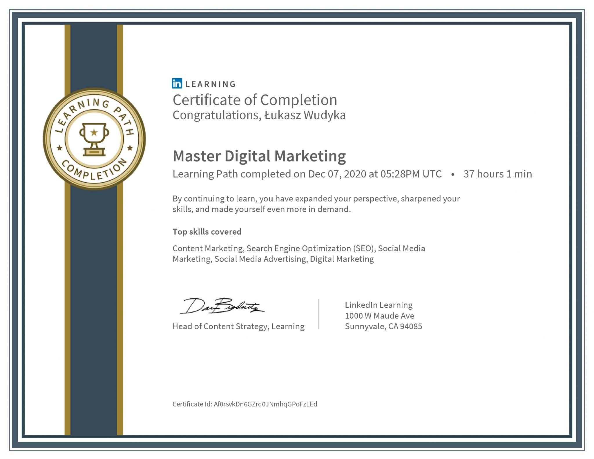 Łukasz Wudyka certyfikat LinkedIn Master Digital Marketing