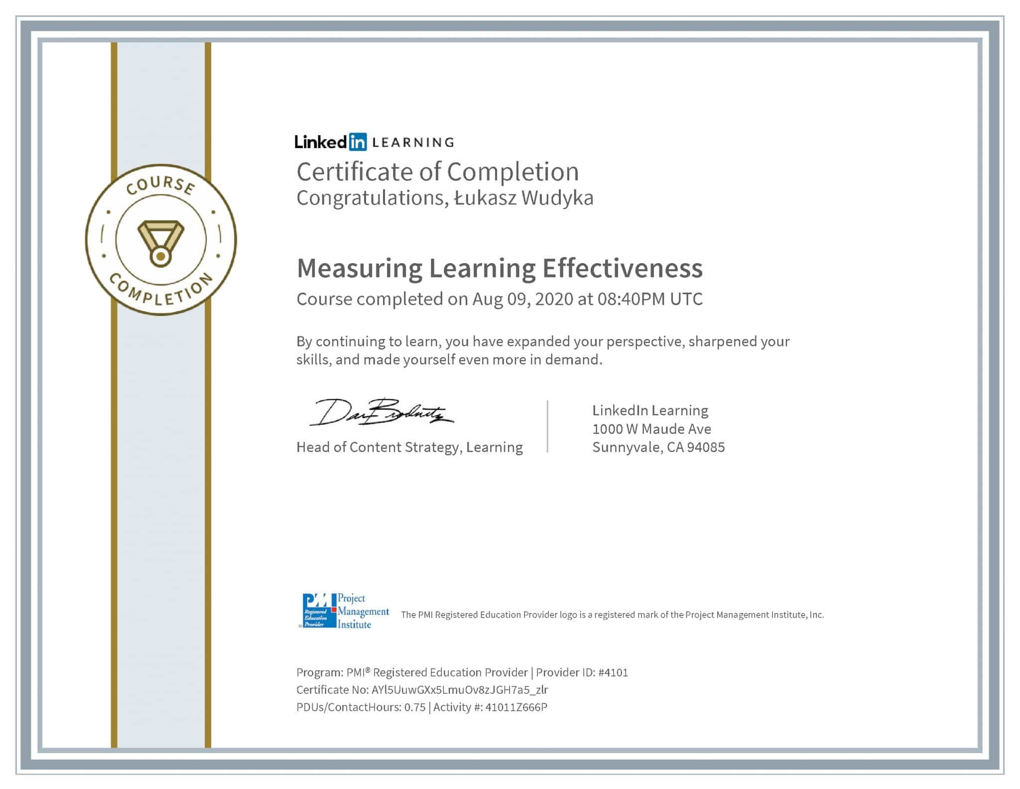 Łukasz Wudyka certyfikat LinkedIn Measuring Learning Effectiveness PMI