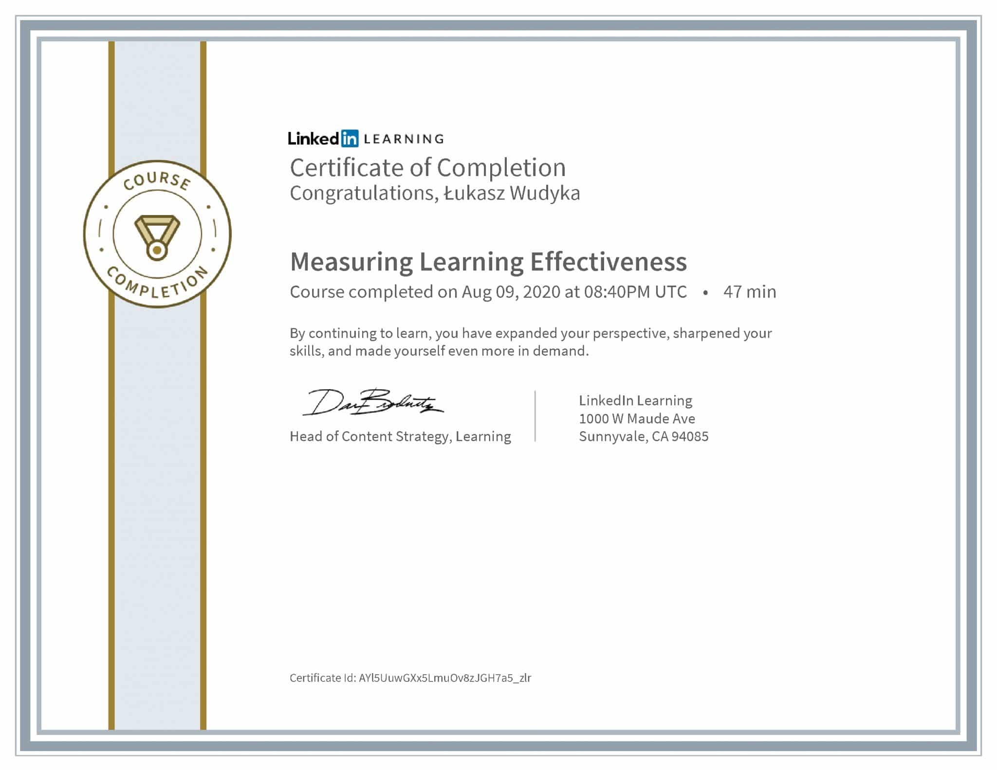 Łukasz Wudyka certyfikat LinkedIn Measuring Learning Effectiveness
