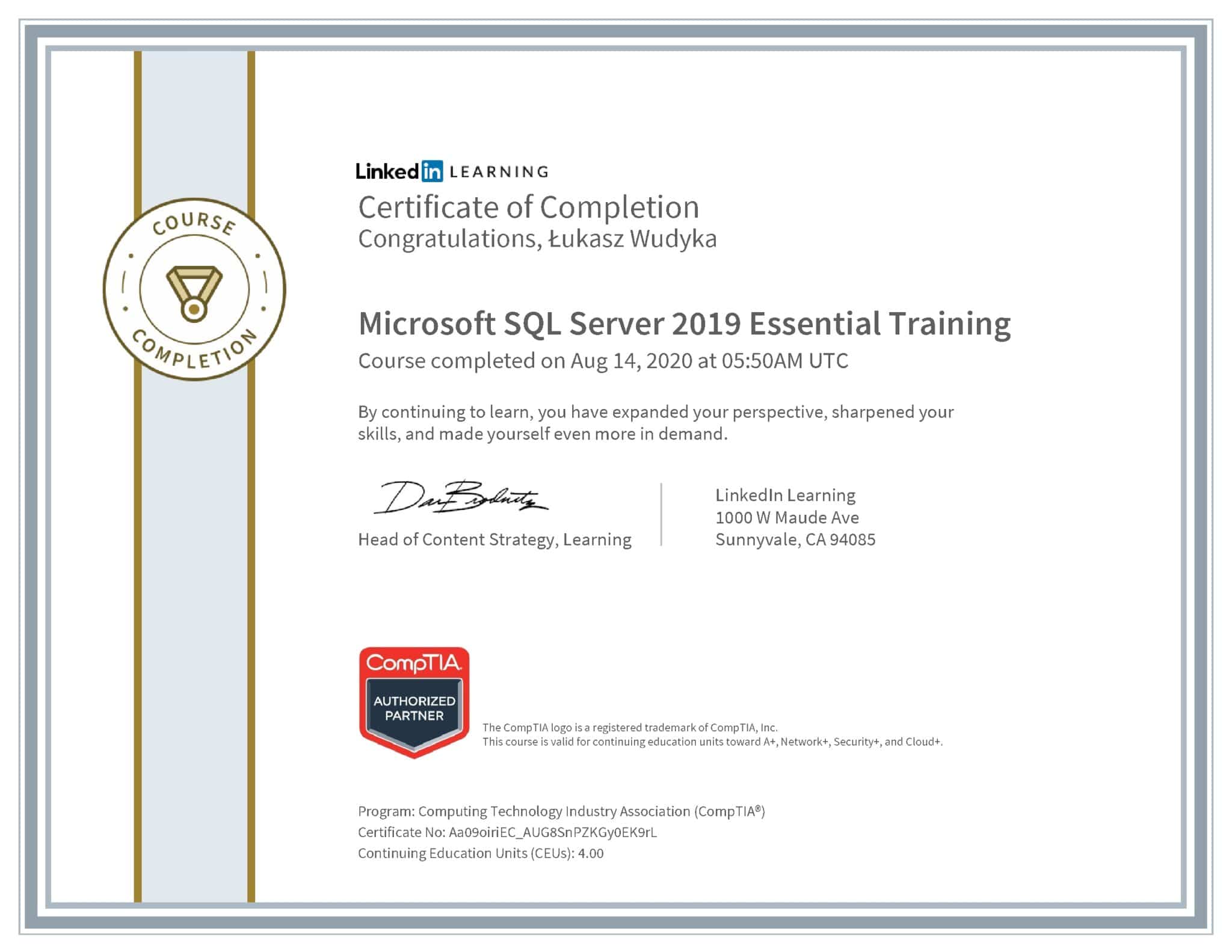 Łukasz Wudyka certyfikat LinkedIn Microsoft SQL Server 2019 Essential Training CompTIA