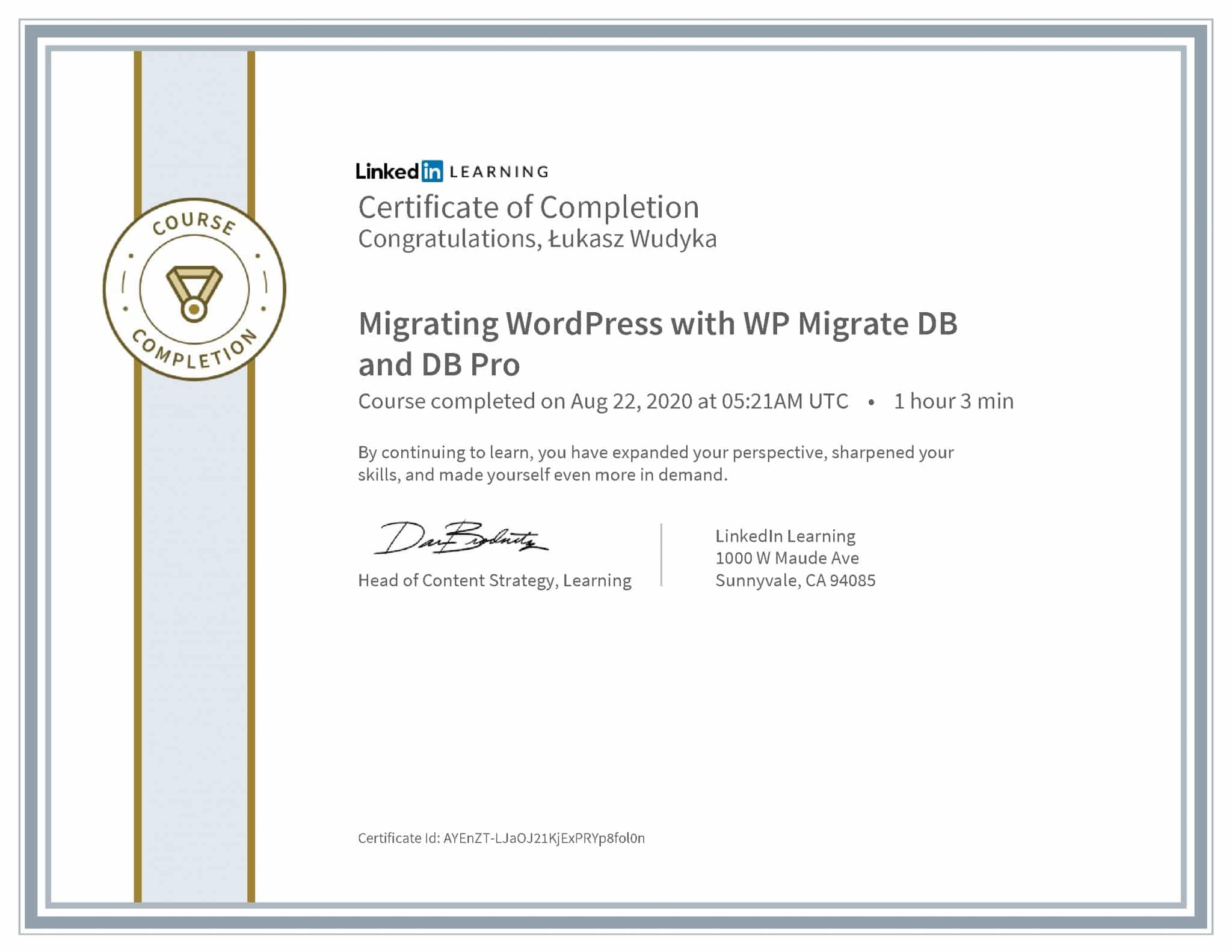 Łukasz Wudyka certyfikat LinkedIn Migrating WordPress with WP Migrate DB and DB Pro