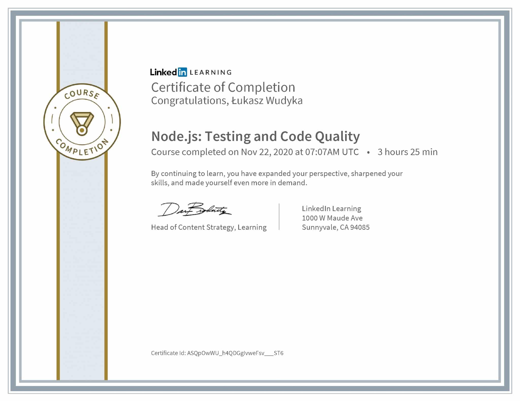 Łukasz Wudyka certyfikat LinkedIn Node.js: Testing and Code Quality