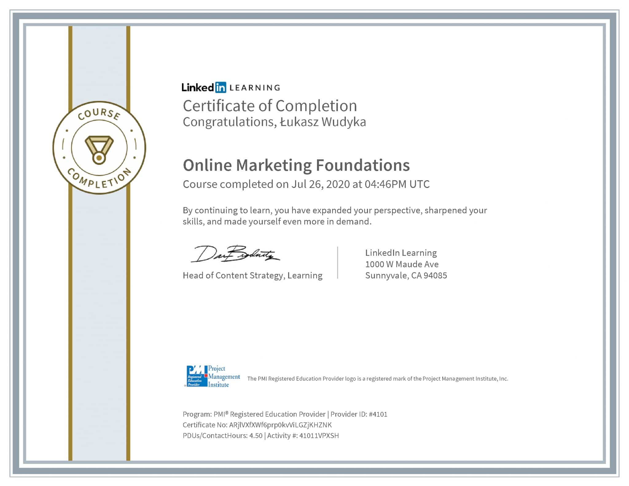 Łukasz Wudyka certyfikat LinkedIn Online Marketing Foundations PMI