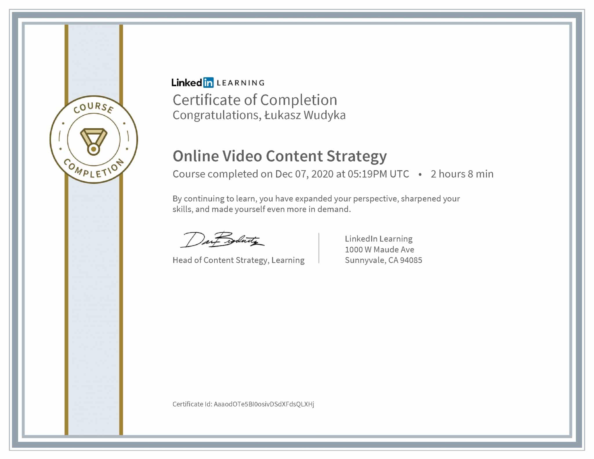 Łukasz Wudyka certyfikat LinkedIn Online Video Content Strategy