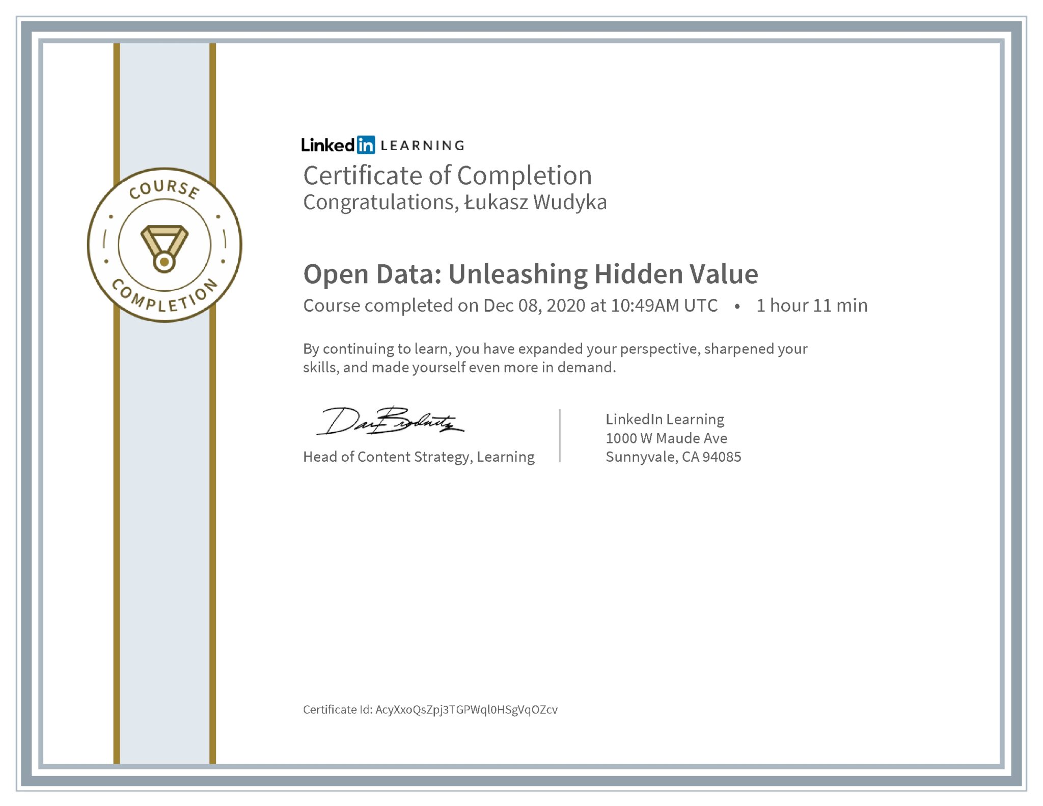 Łukasz Wudyka certyfikat LinkedIn Open Data: Unleashing Hidden Value