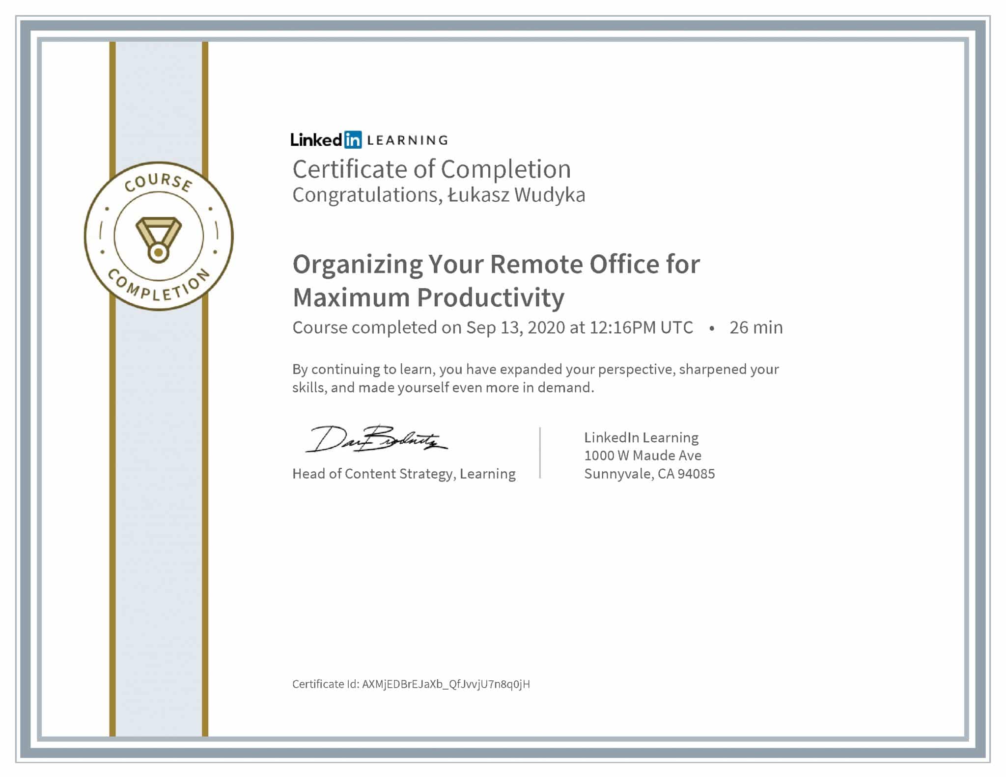 Łukasz Wudyka certyfikat LinkedIn Organizing Your Remote Office for Maximum Productivity