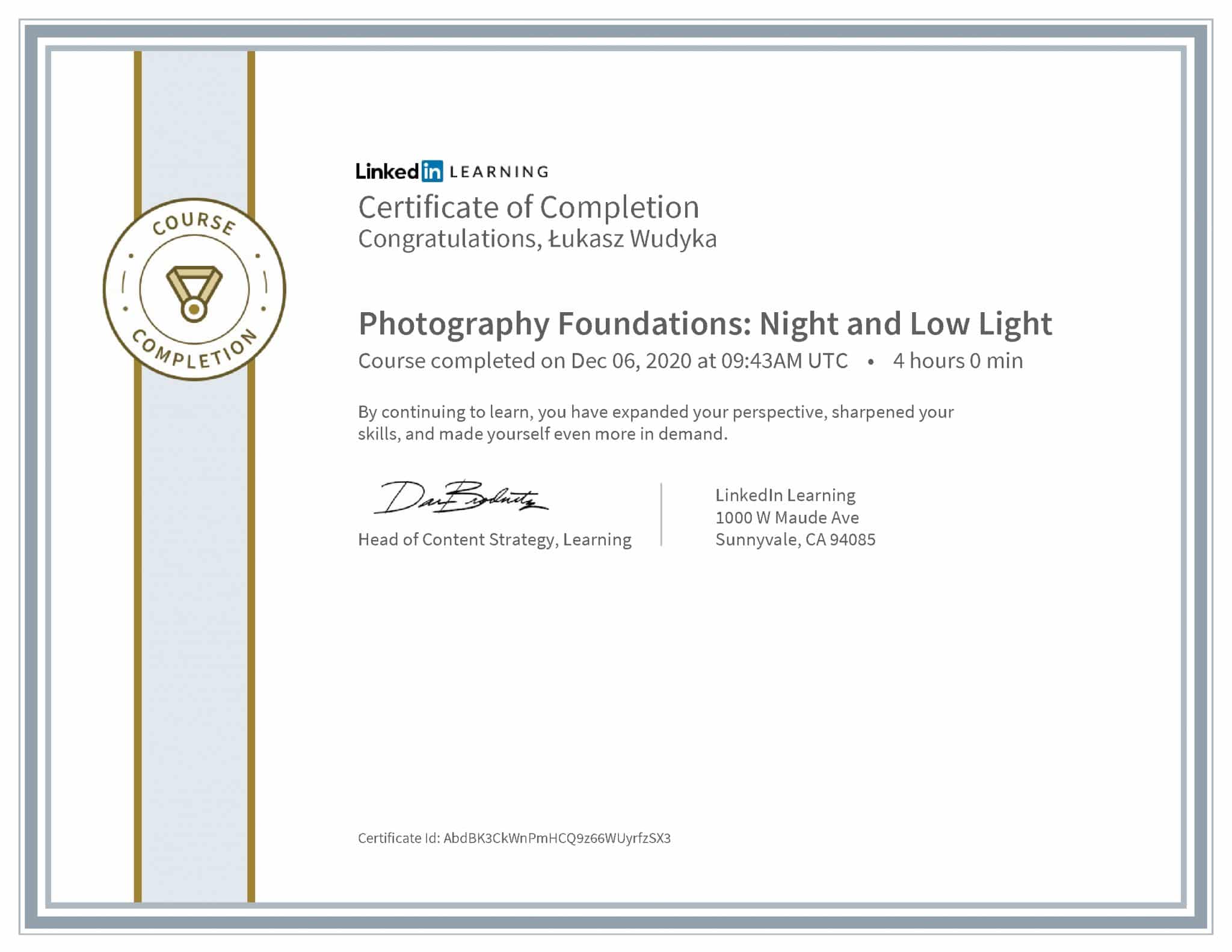 Łukasz Wudyka certyfikat LinkedIn Photography Foundations: Night and Low Light