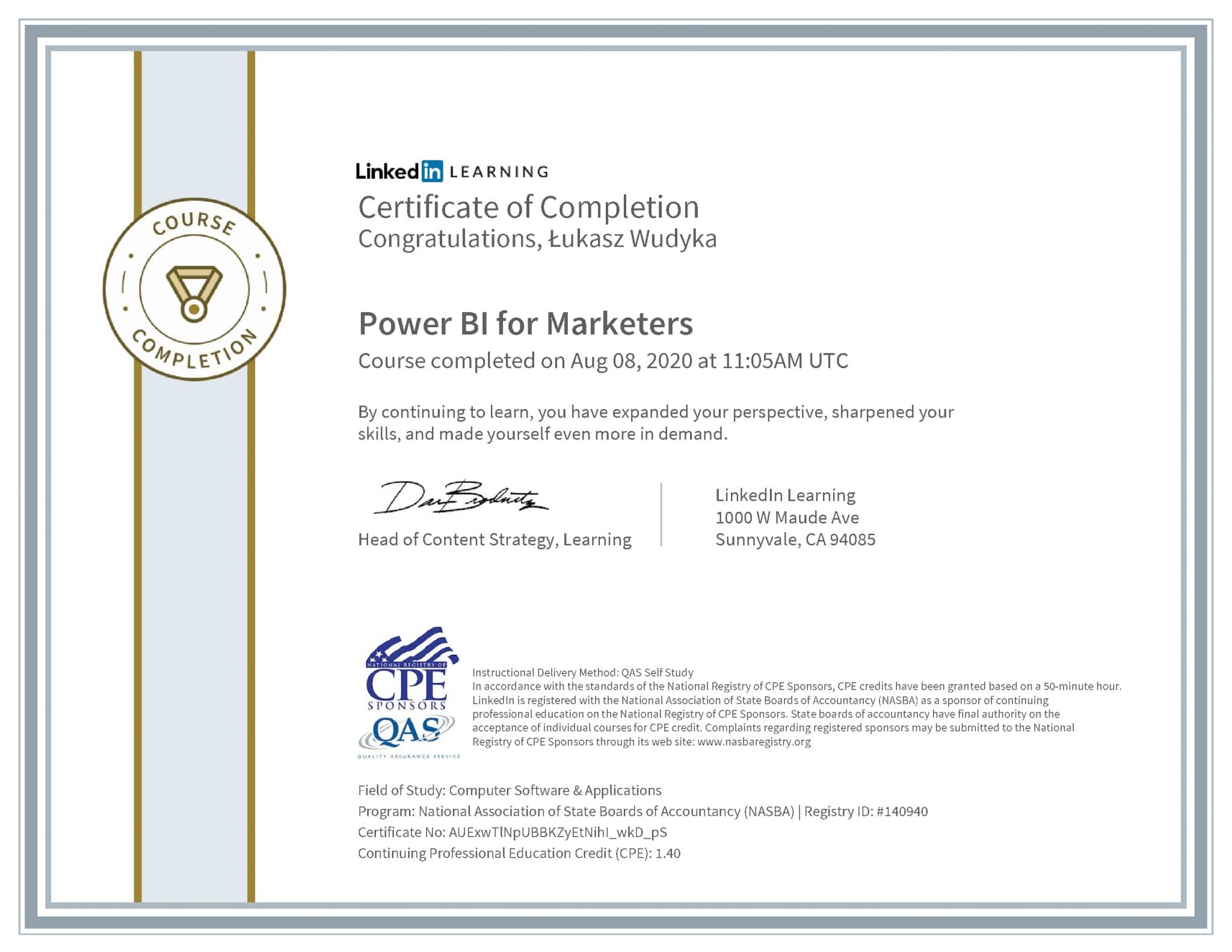 Łukasz Wudyka certyfikat LinkedIn Power BI for Marketers NASBA