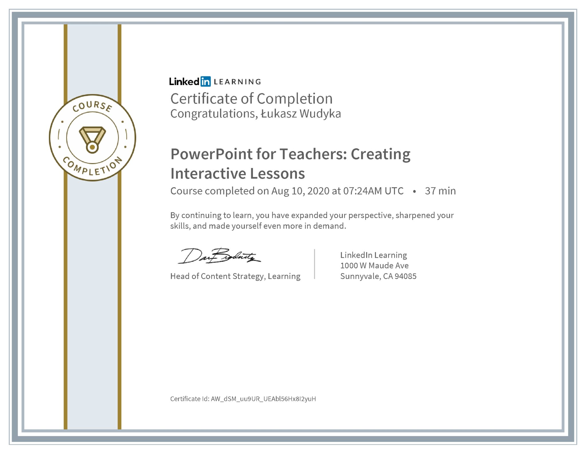 Łukasz Wudyka certyfikat LinkedIn PowerPoint for Teachers: Creating Interactive Lessons