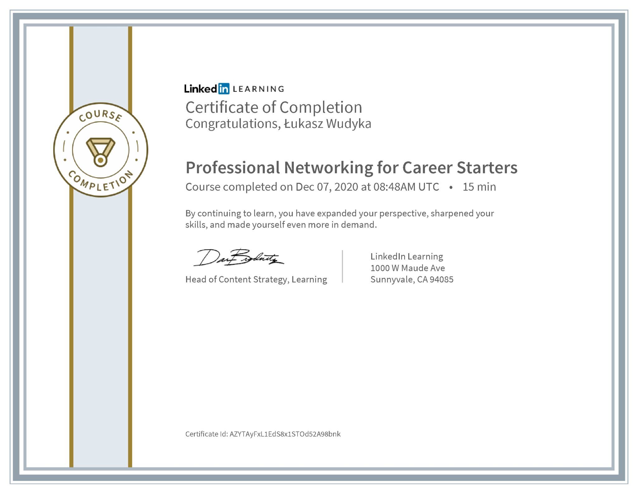 Łukasz Wudyka certyfikat LinkedIn Professional Networking for Career Starters