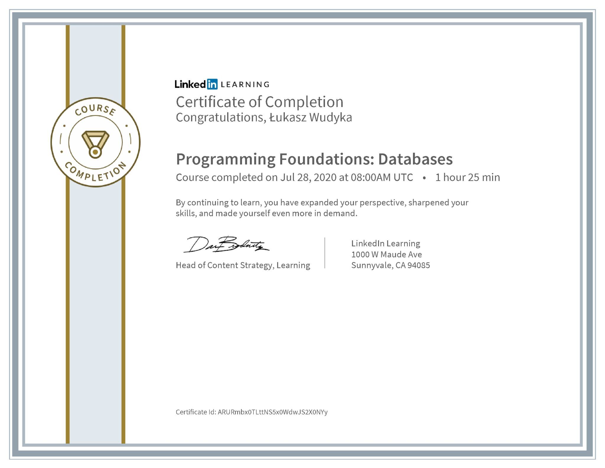 Łukasz Wudyka certyfikat LinkedIn Programming Foundations: Databases