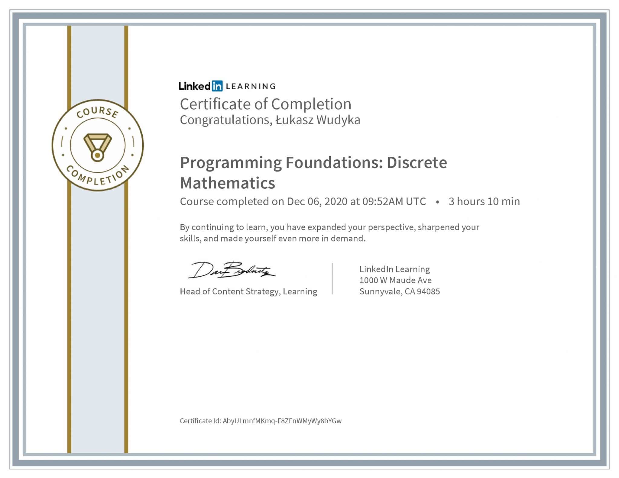 Łukasz Wudyka certyfikat LinkedIn Programming Foundations: Discrete Mathematics