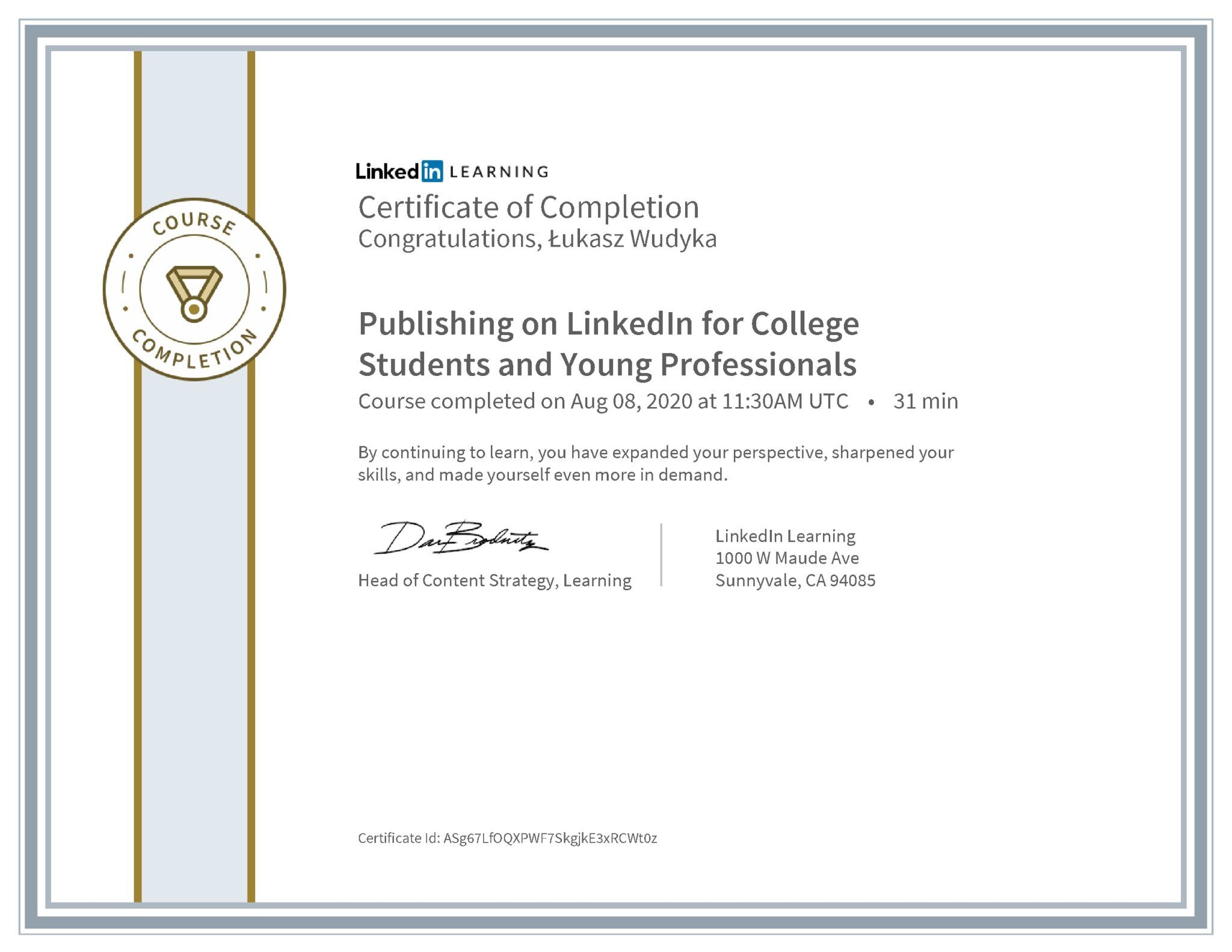Łukasz Wudyka certyfikat LinkedIn Publishing on LinkedIn for College Students and Young Professionals