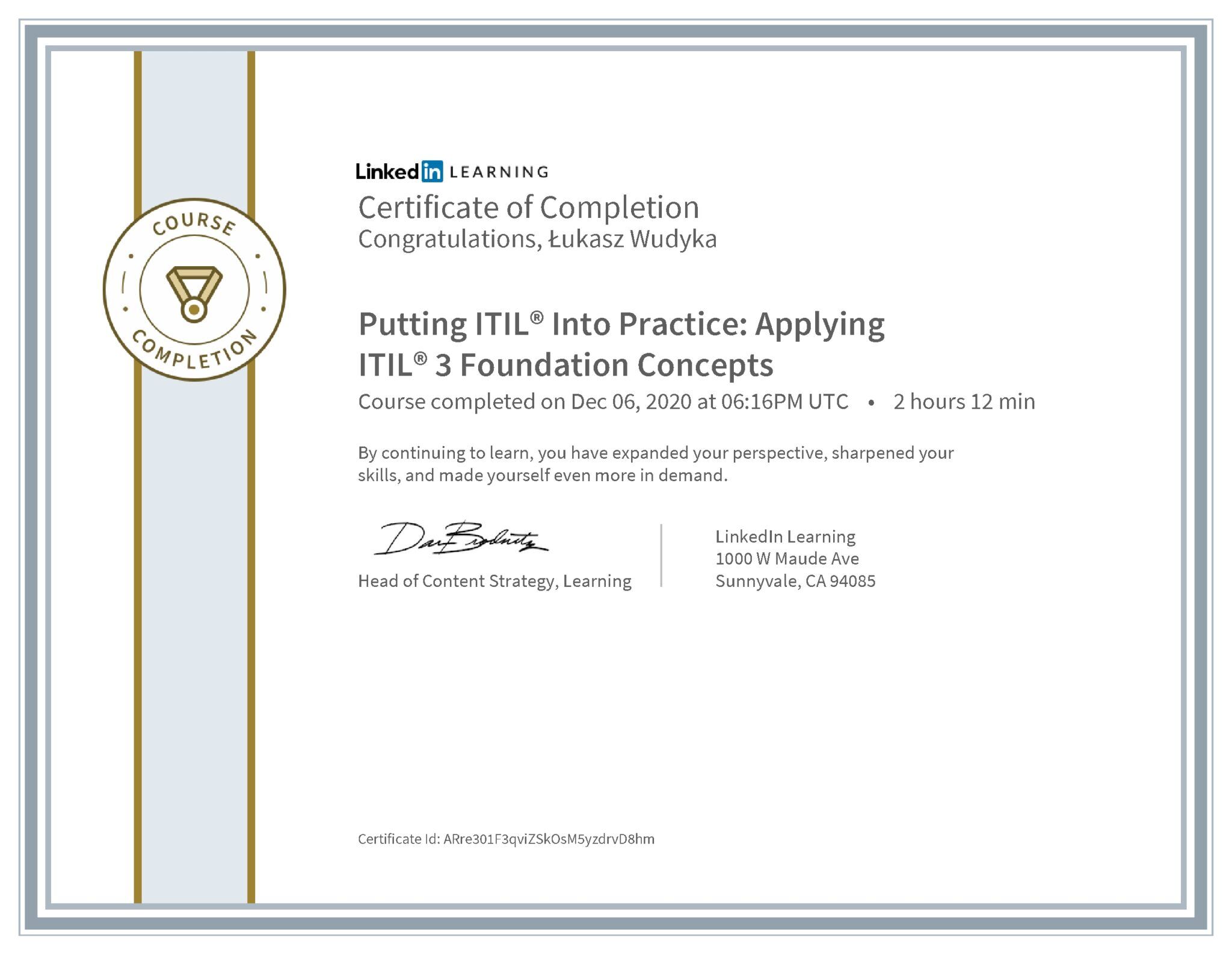 Łukasz Wudyka certyfikat LinkedIn Putting ITIL® Into Practice: Applying ITIL® 3 Foundation Concepts
