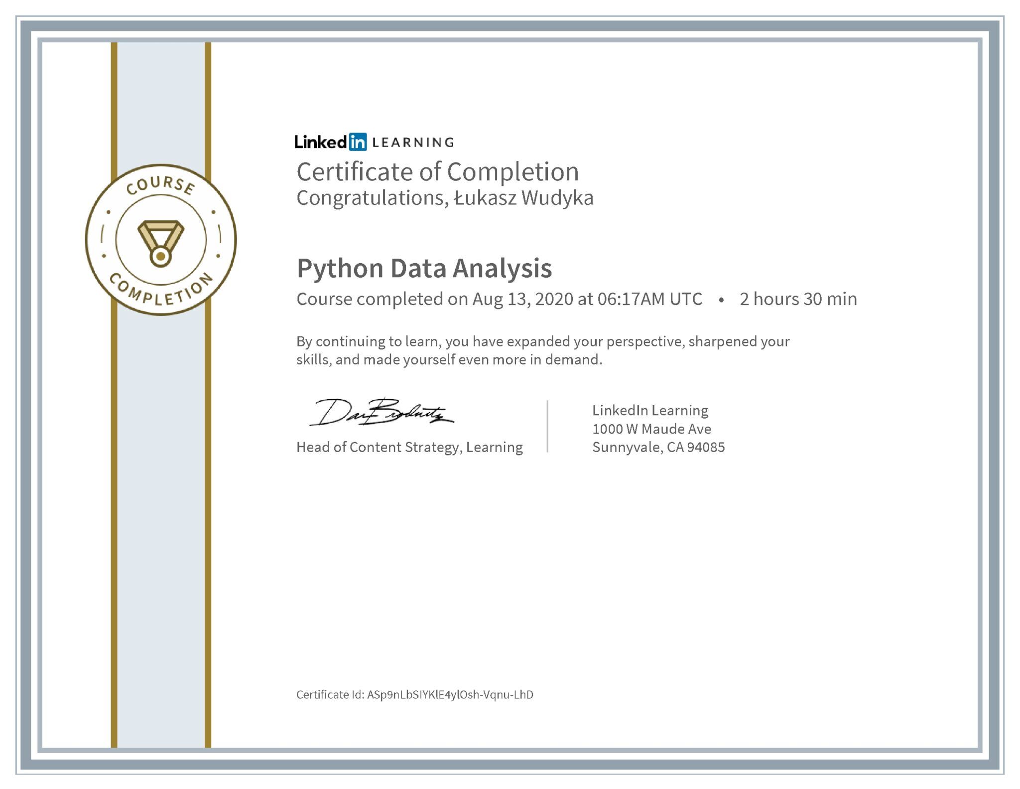 Łukasz Wudyka certyfikat LinkedIn Python Data Analysis
