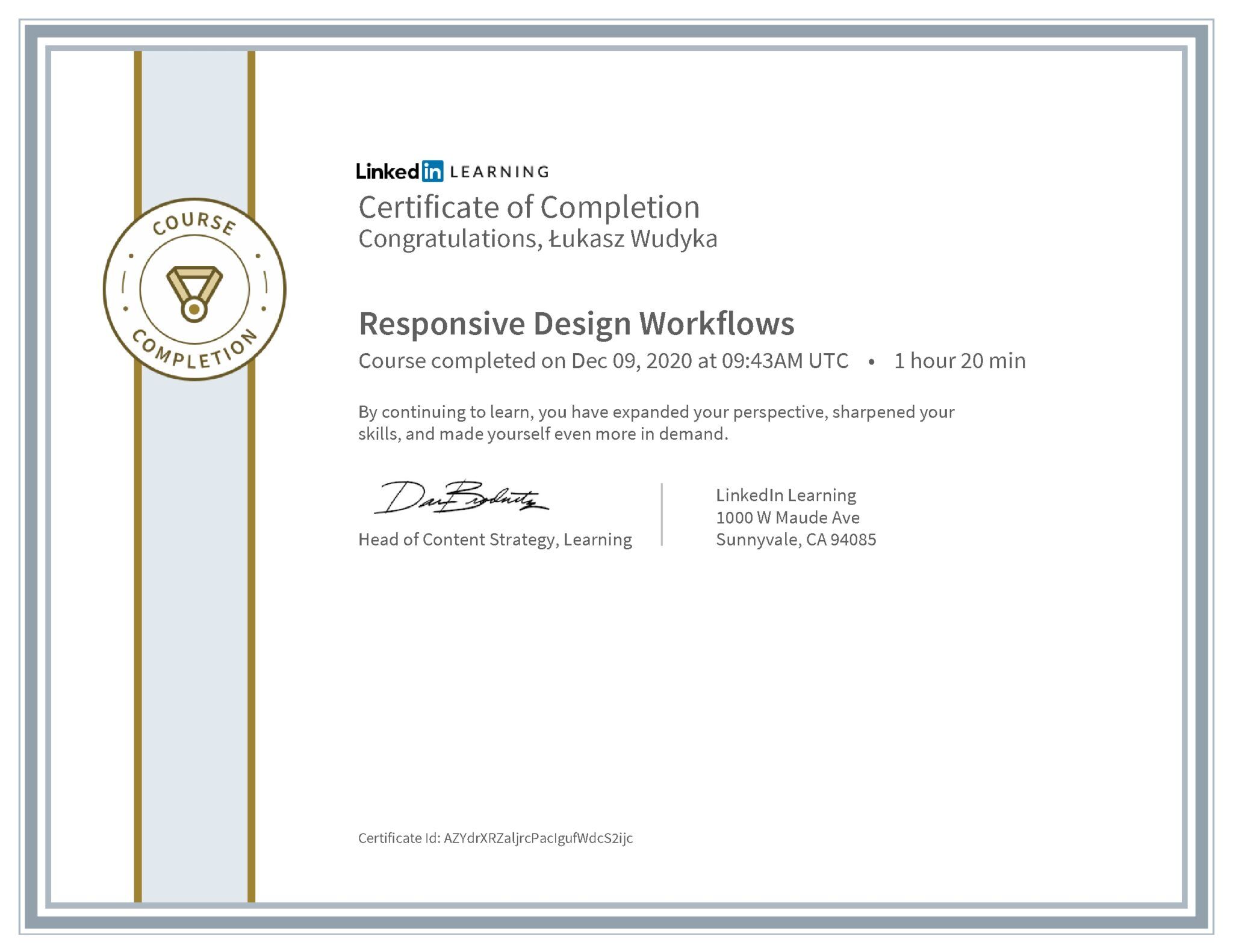 Łukasz Wudyka certyfikat LinkedIn Responsive Design Workflows