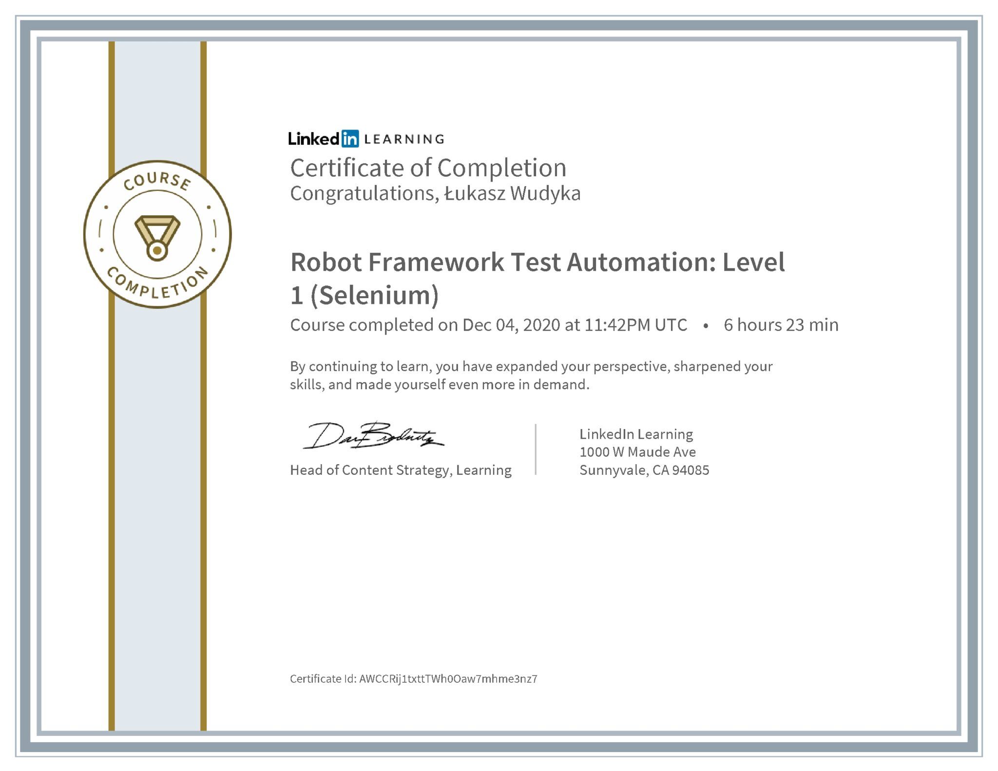 Łukasz Wudyka certyfikat LinkedIn Robot Framework Test Automation: Level 1 (Selenium)