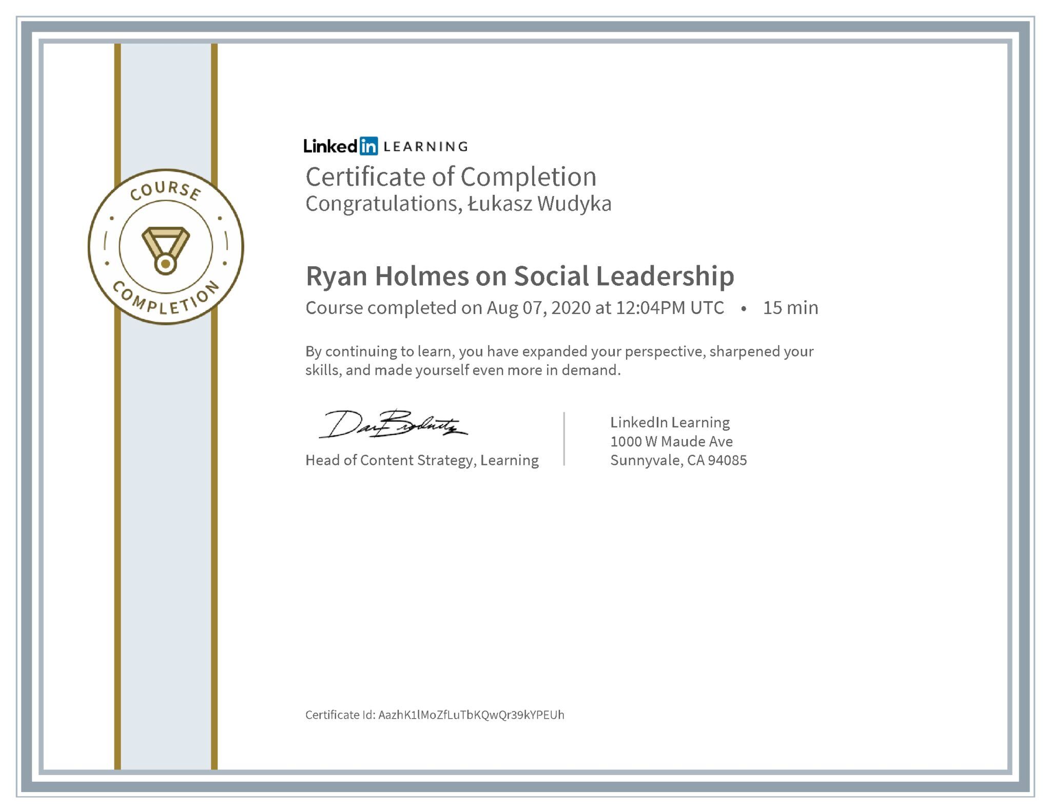 Łukasz Wudyka certyfikat LinkedIn Ryan Holmes on Social Leadership