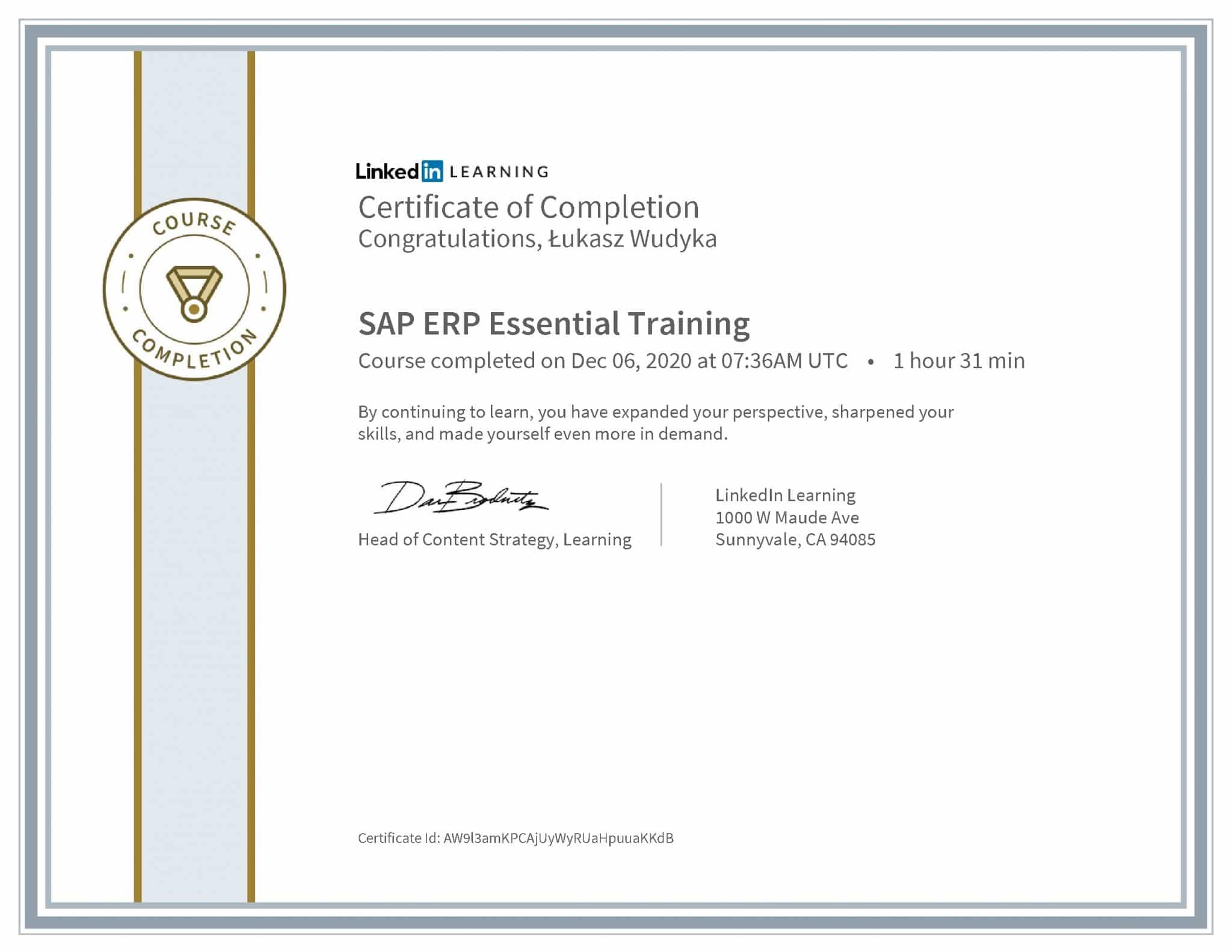 Łukasz Wudyka certyfikat LinkedIn SAP ERP Essential Training